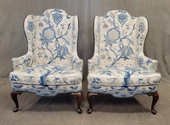 Vintage Woodmark Mary Webb Wood Blue "Tree of Life" Wingback Chairs - a pair