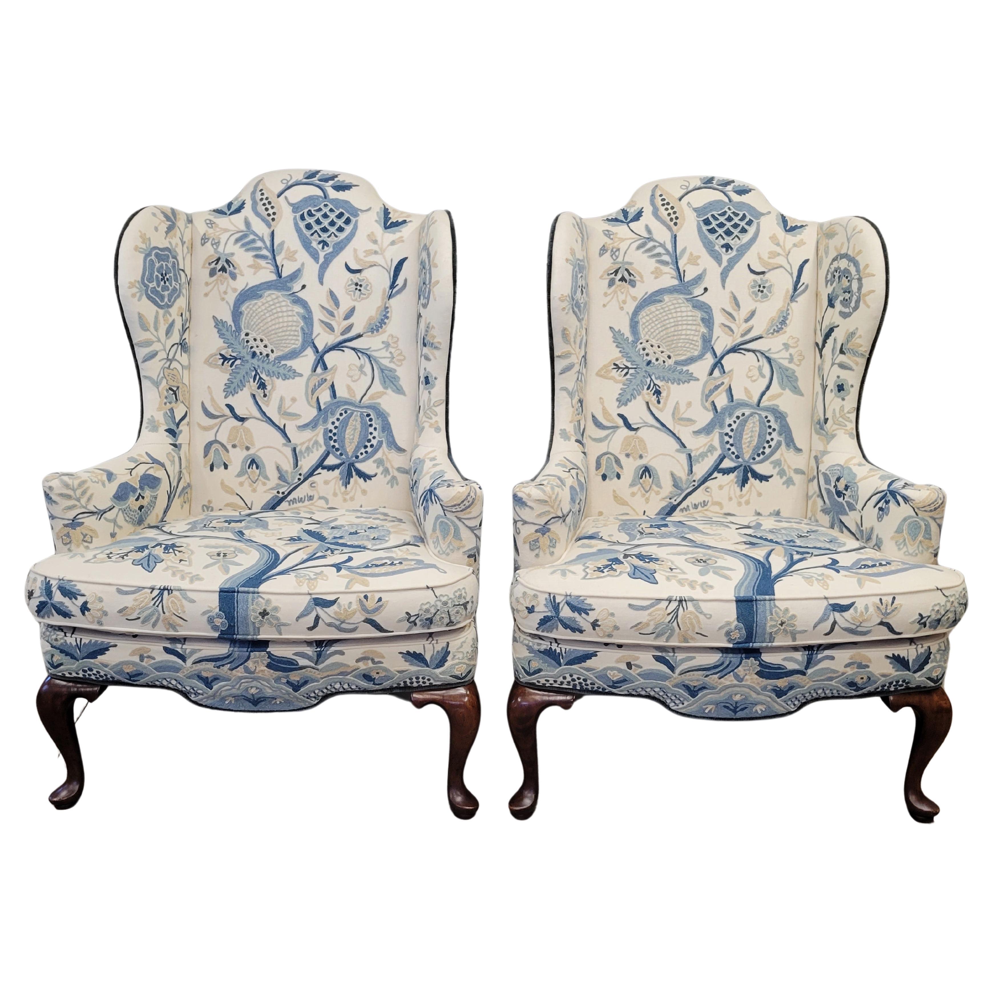 Vintage Woodmark Mary Webb Wood Blue "Tree of Life" Wingback Chairs - a pair