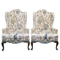 Vintage Woodmark Mary Webb Wood Blue "Tree of Life" Wingback Chairs - a Pair