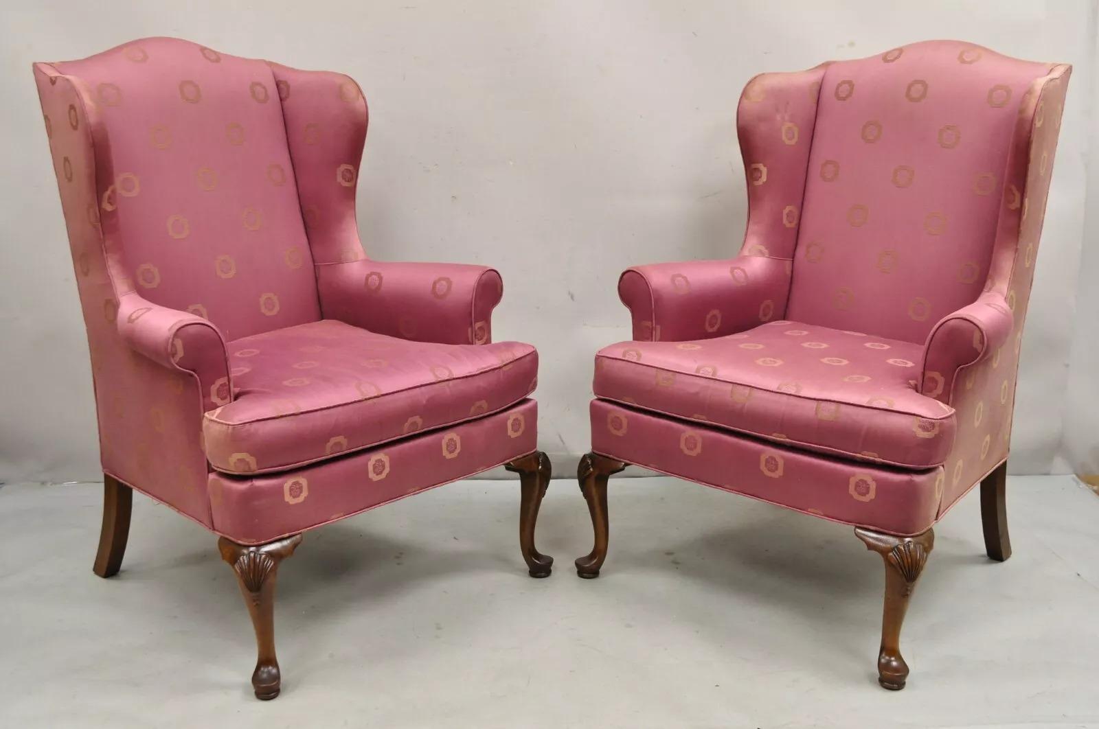Vintage Woodmark Originals Queen Anne Style Mahogany Wingback Chairs - a Pair. Circa Late 20th Century. Measurements: 43