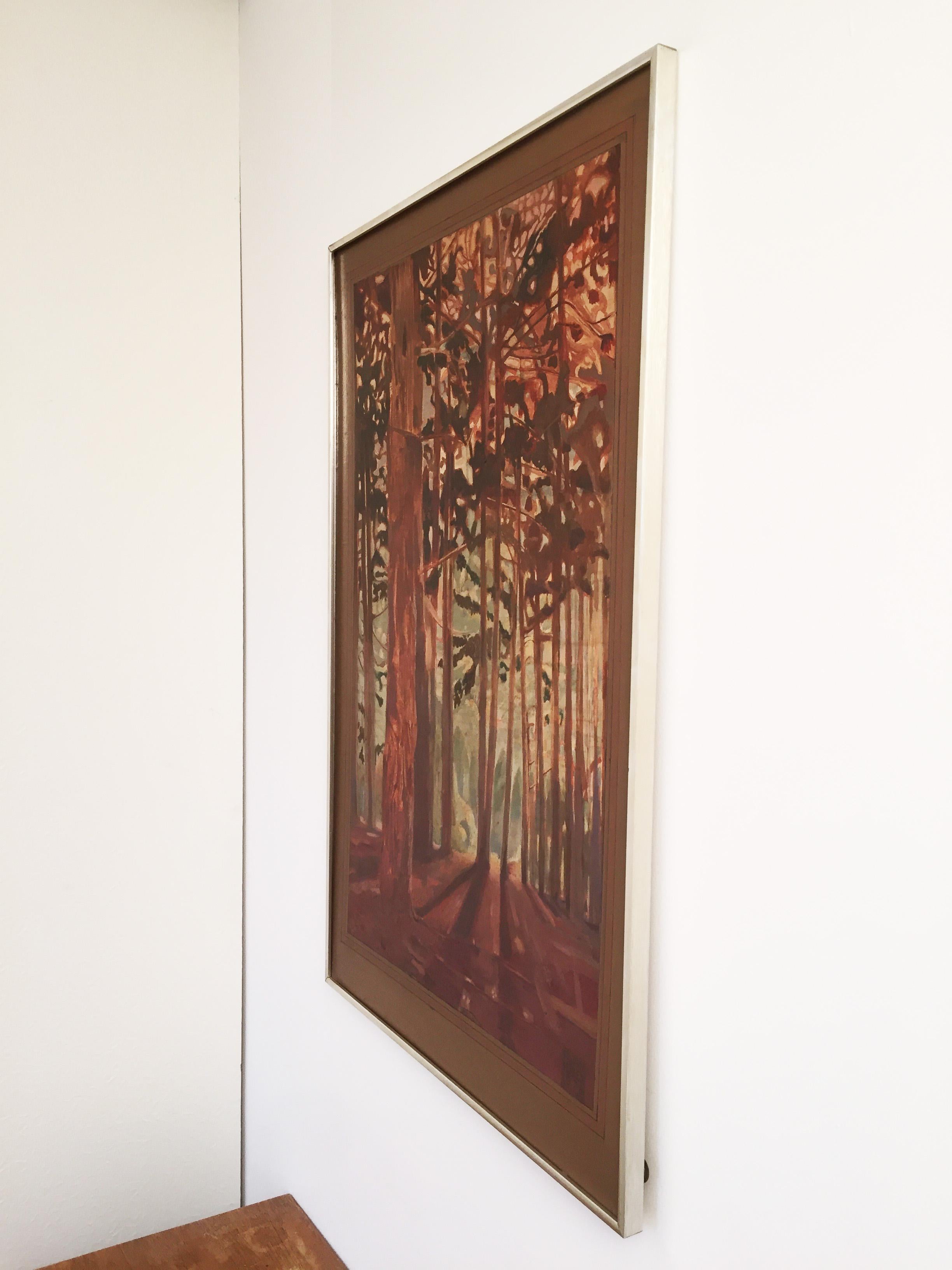 A vintage painting signed by Alan Healey and painted in the 1970s, depicting a sunny scene in the woods in the color palette of autumn. Framed in a chrome frame.


  