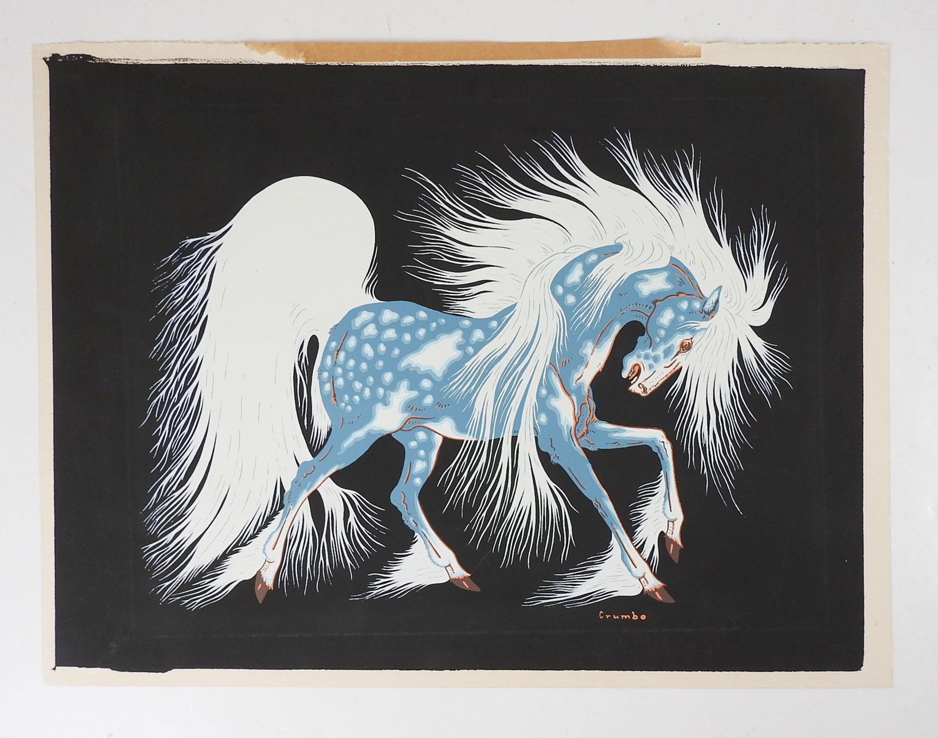 Vintage mid-20th century serigraph on paper of blue and white horse by Woody Crumbo (1919-1989) Potawatomi Tribe, Oklahoma. Signed in print, titled Spirit Horse. Unframed, tape remains along upper edge.