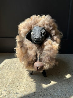 Vintage wool and wood curly sheep figure