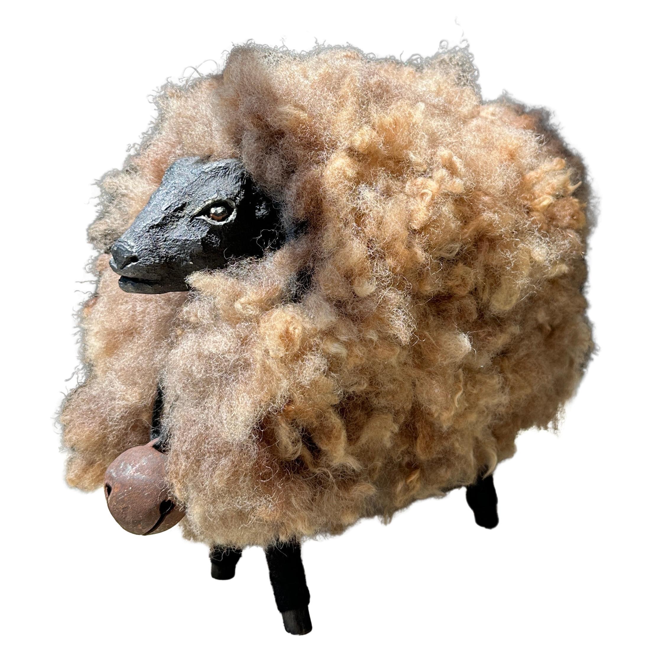 Vintage wool and wood curly sheep figure Lalanne style