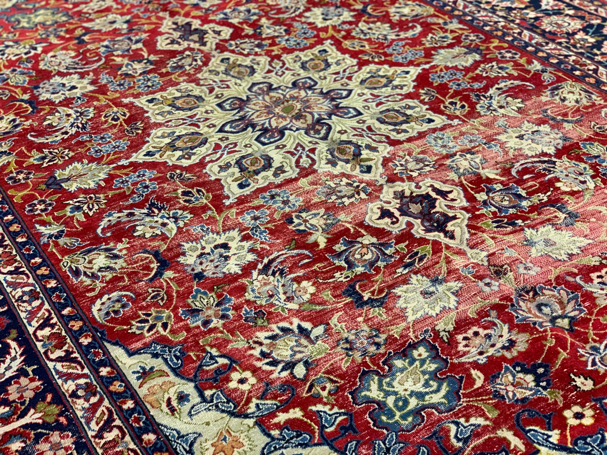 Turkish Vintage Wool Area Rug Handwoven Oriental Red Blue Carpet For Sale