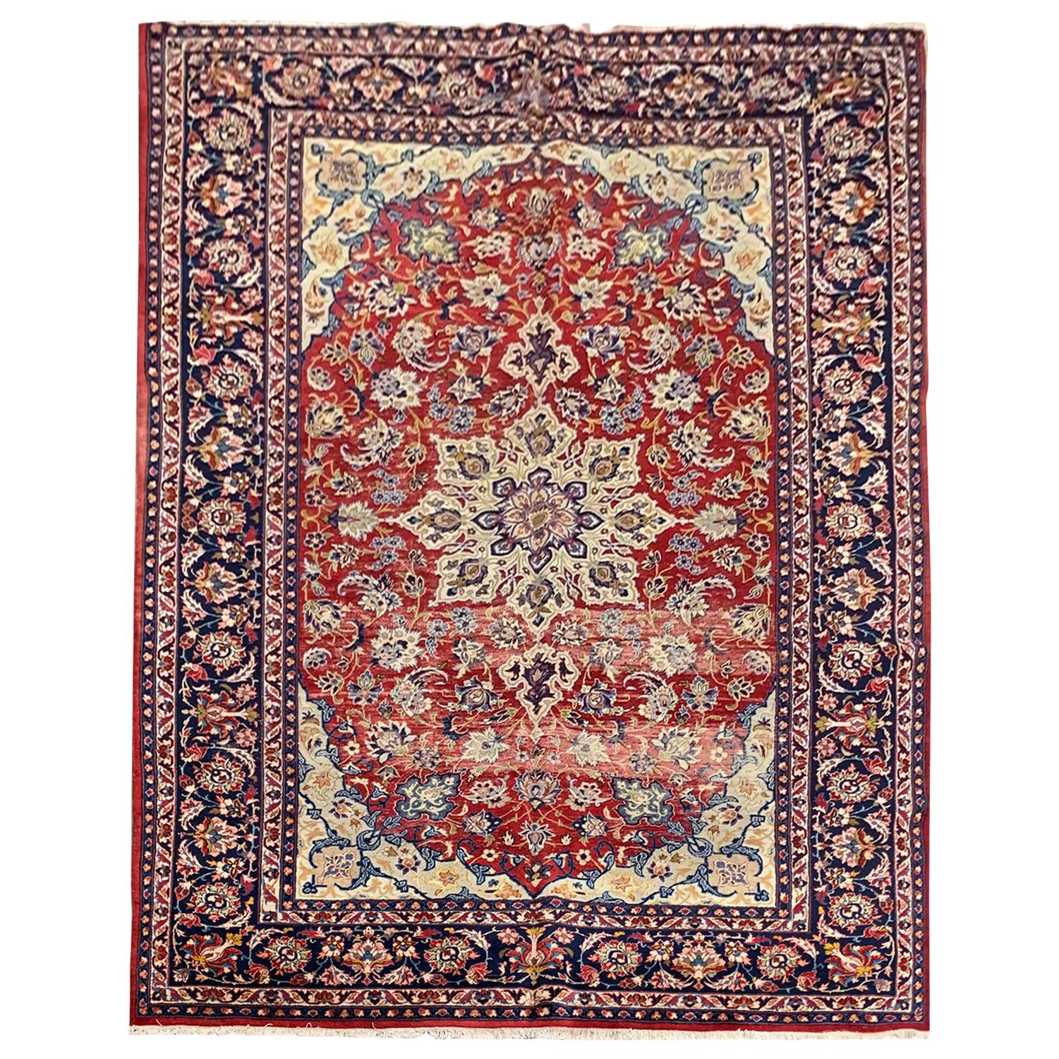 Vintage Wool Area Rug Handwoven Oriental Red Blue Carpet For Sale