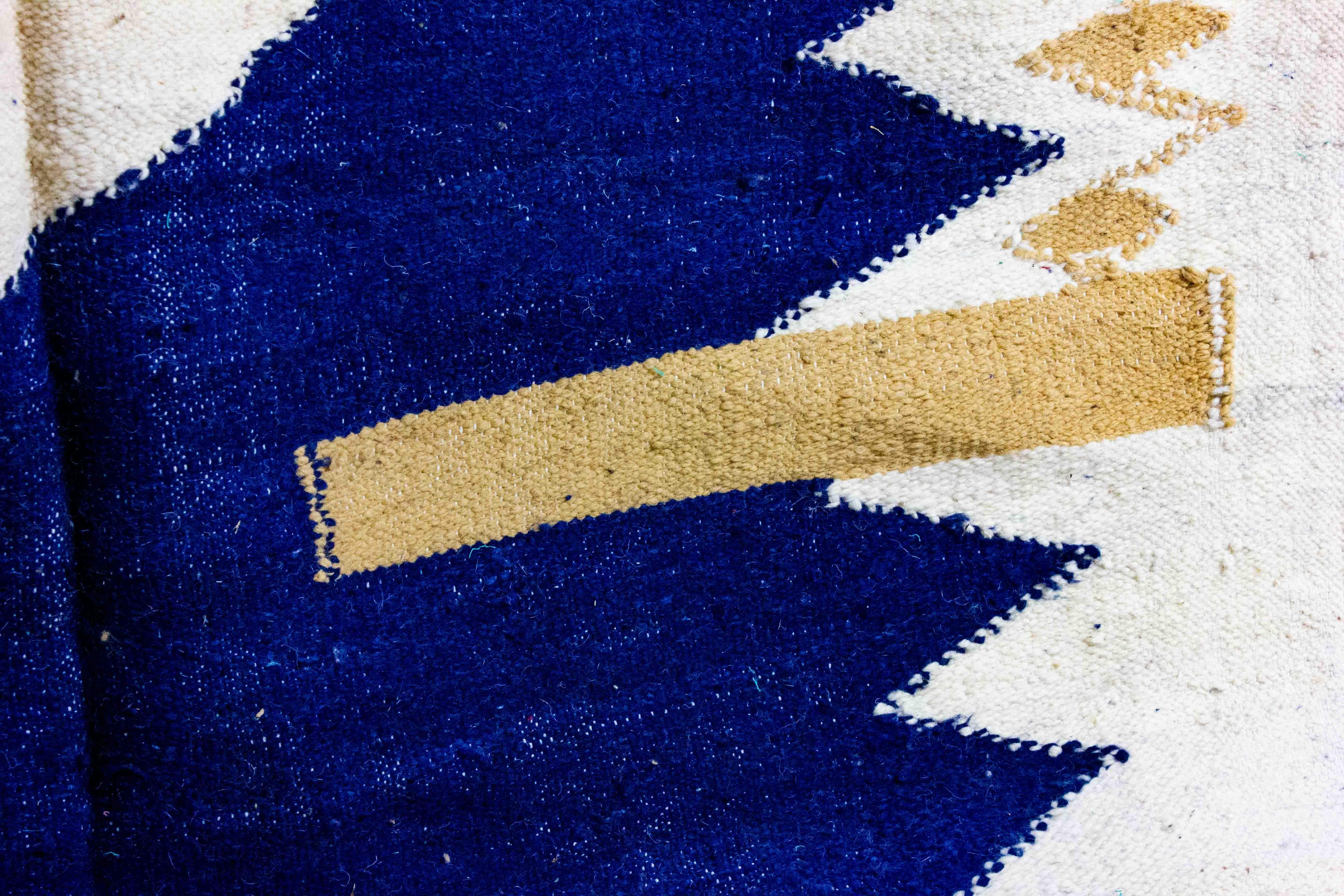 Late 20th Century Vintage wool berber rug with abstract shapes in blue and beige For Sale
