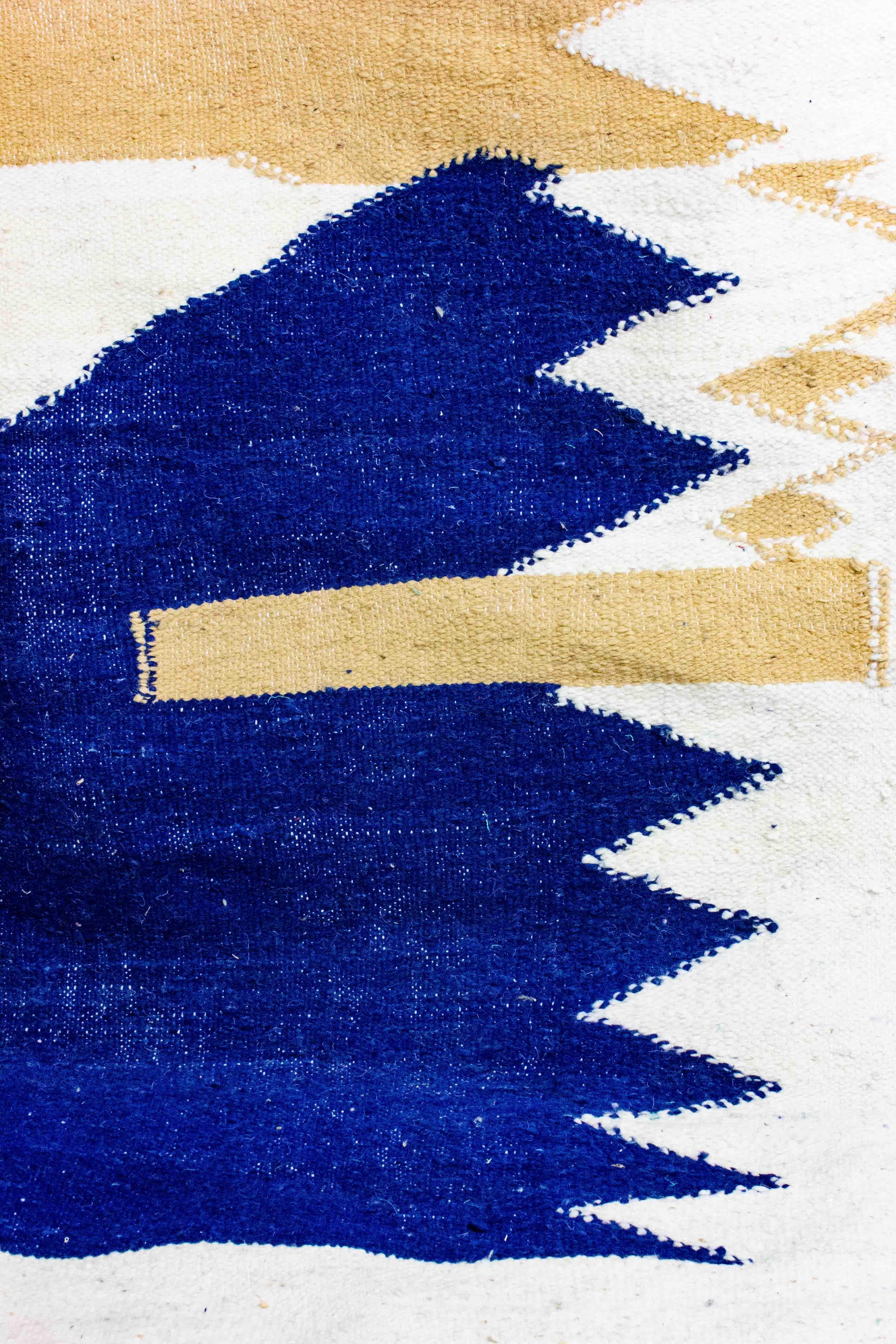 Wool Vintage wool berber rug with abstract shapes in blue and beige For Sale