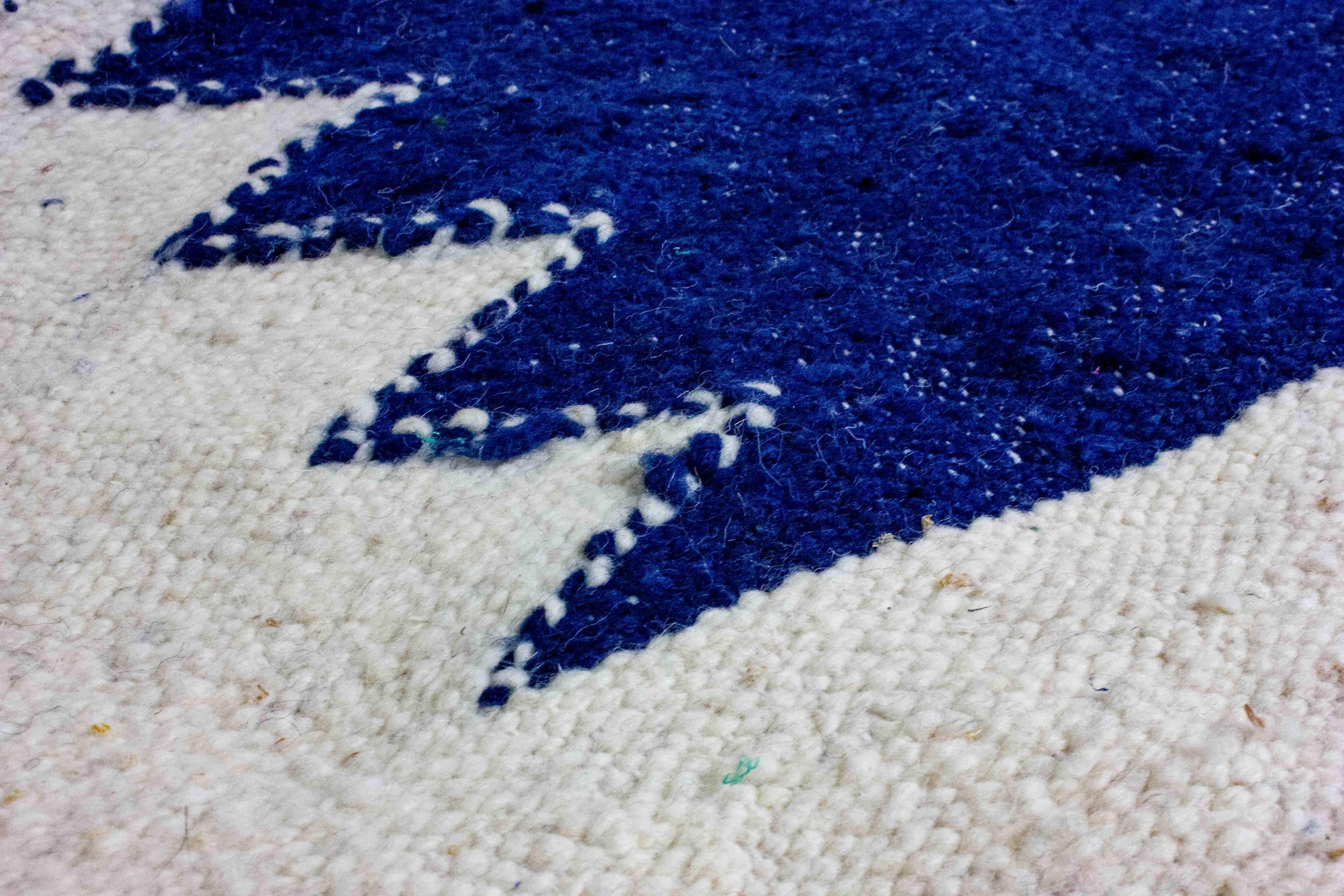 Vintage wool berber rug with abstract shapes in blue and beige For Sale 1