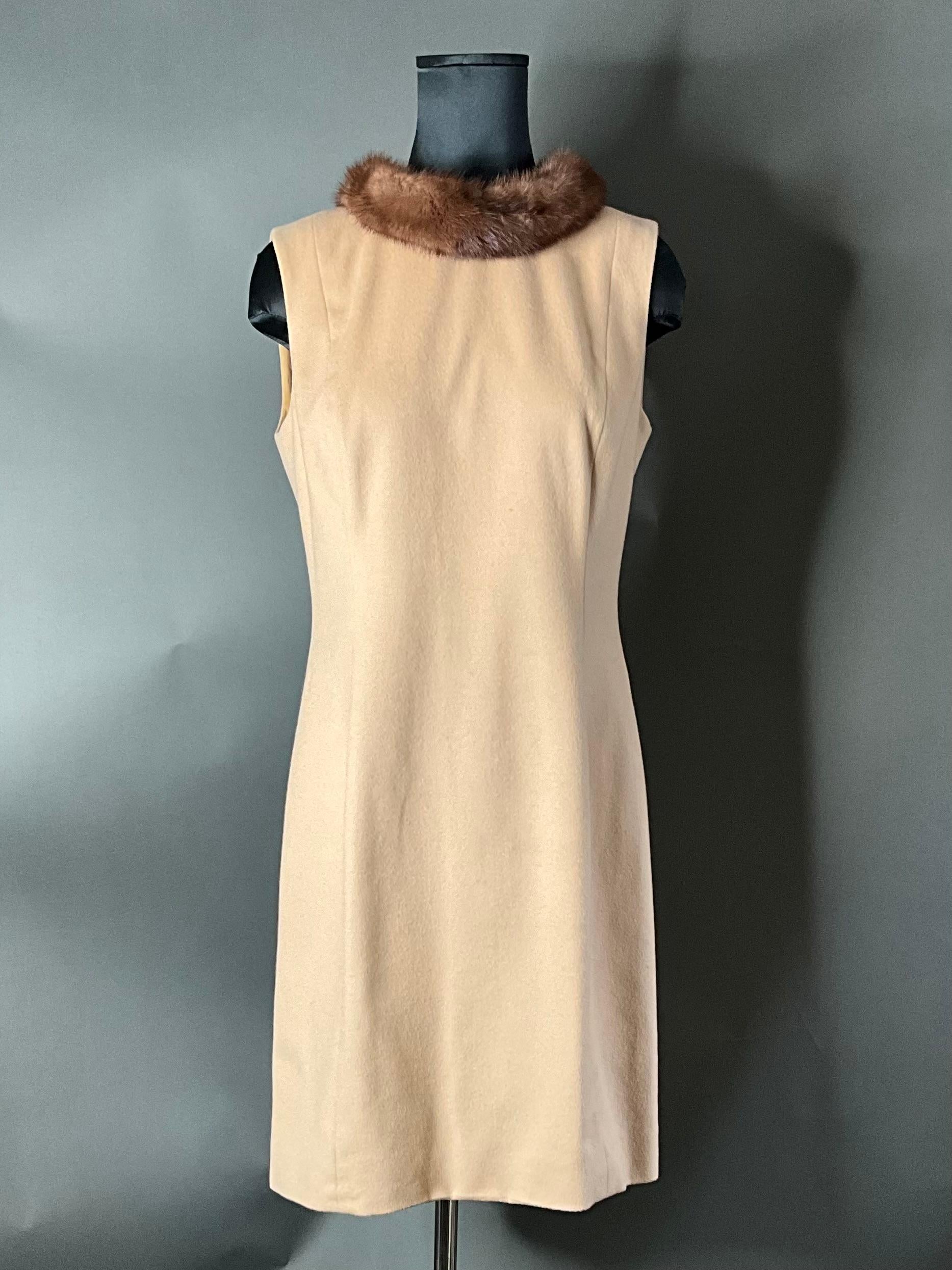 Orange Vintage Wool Cashmere Sleeveless Shift Dress with Mink Trim Neckline For Sale