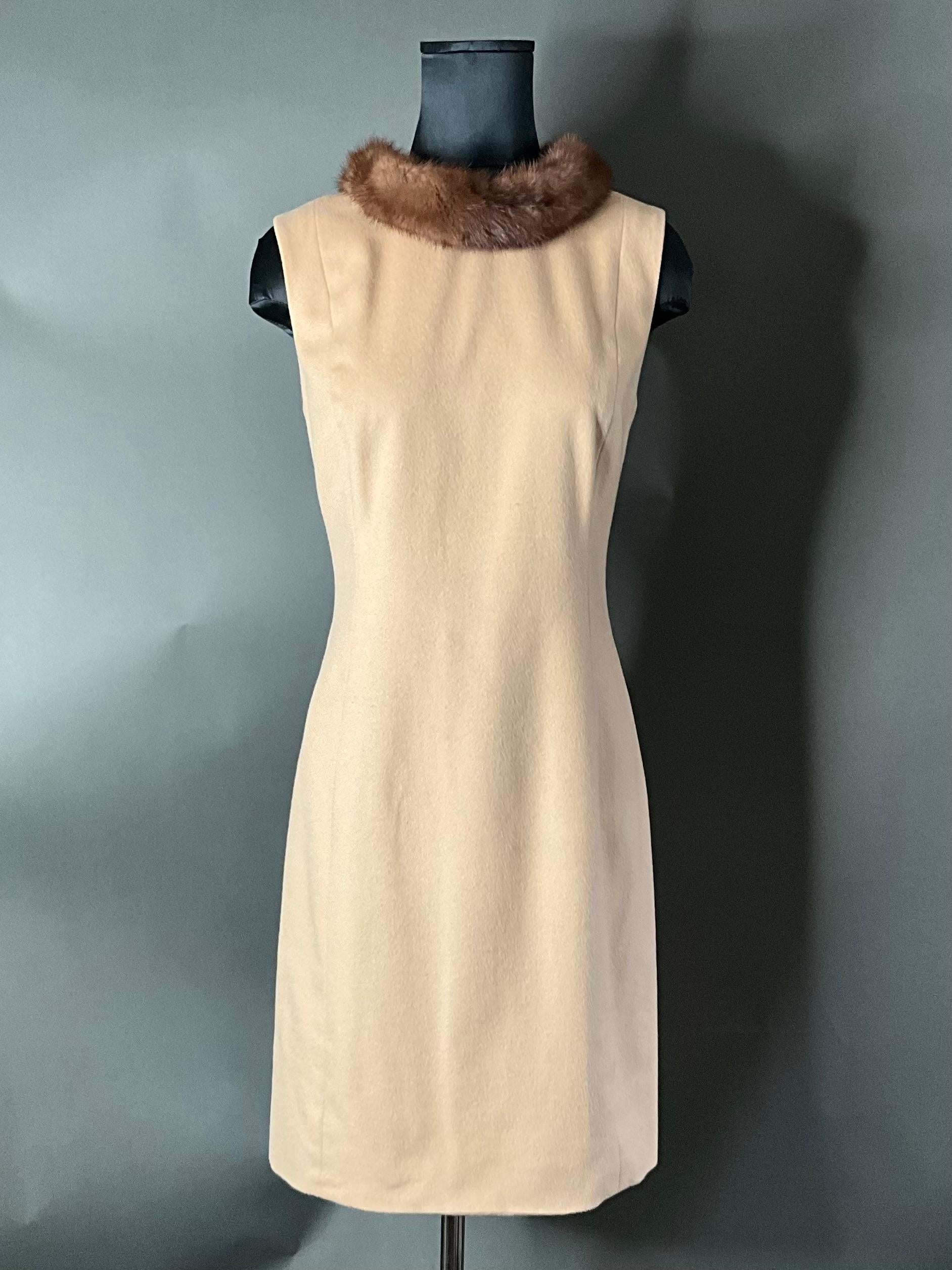 Vintage Wool Cashmere Sleeveless Shift Dress with Mink Trim Neckline In Good Condition For Sale In Lake Worth Beach, FL