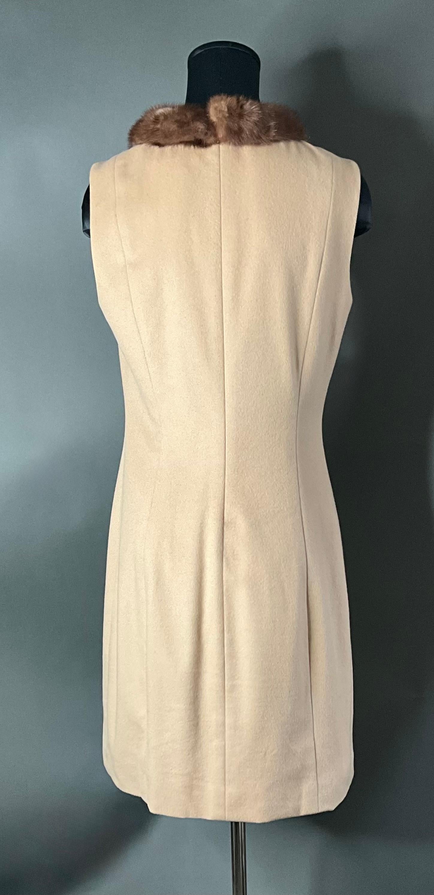 Women's Vintage Wool Cashmere Sleeveless Shift Dress with Mink Trim Neckline For Sale