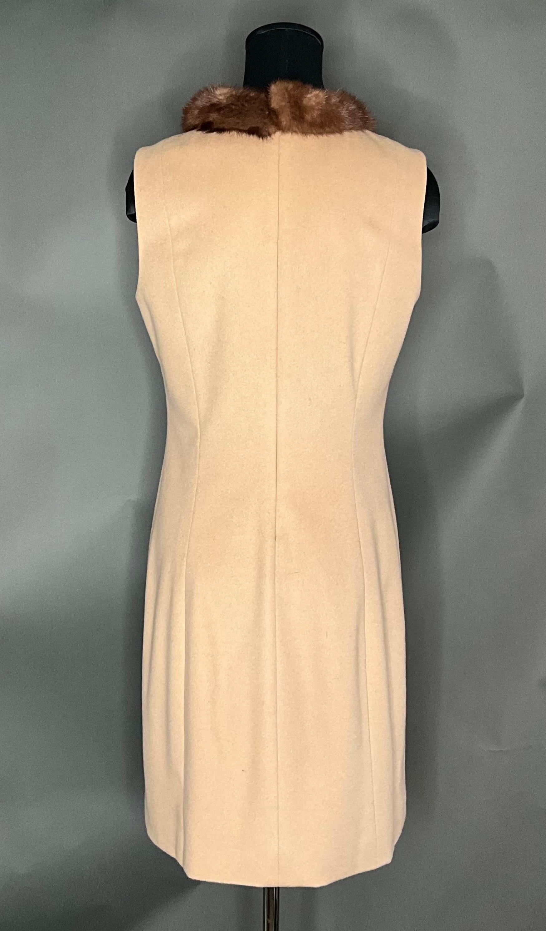 Vintage Wool Cashmere Sleeveless Shift Dress with Mink Trim Neckline For Sale 1