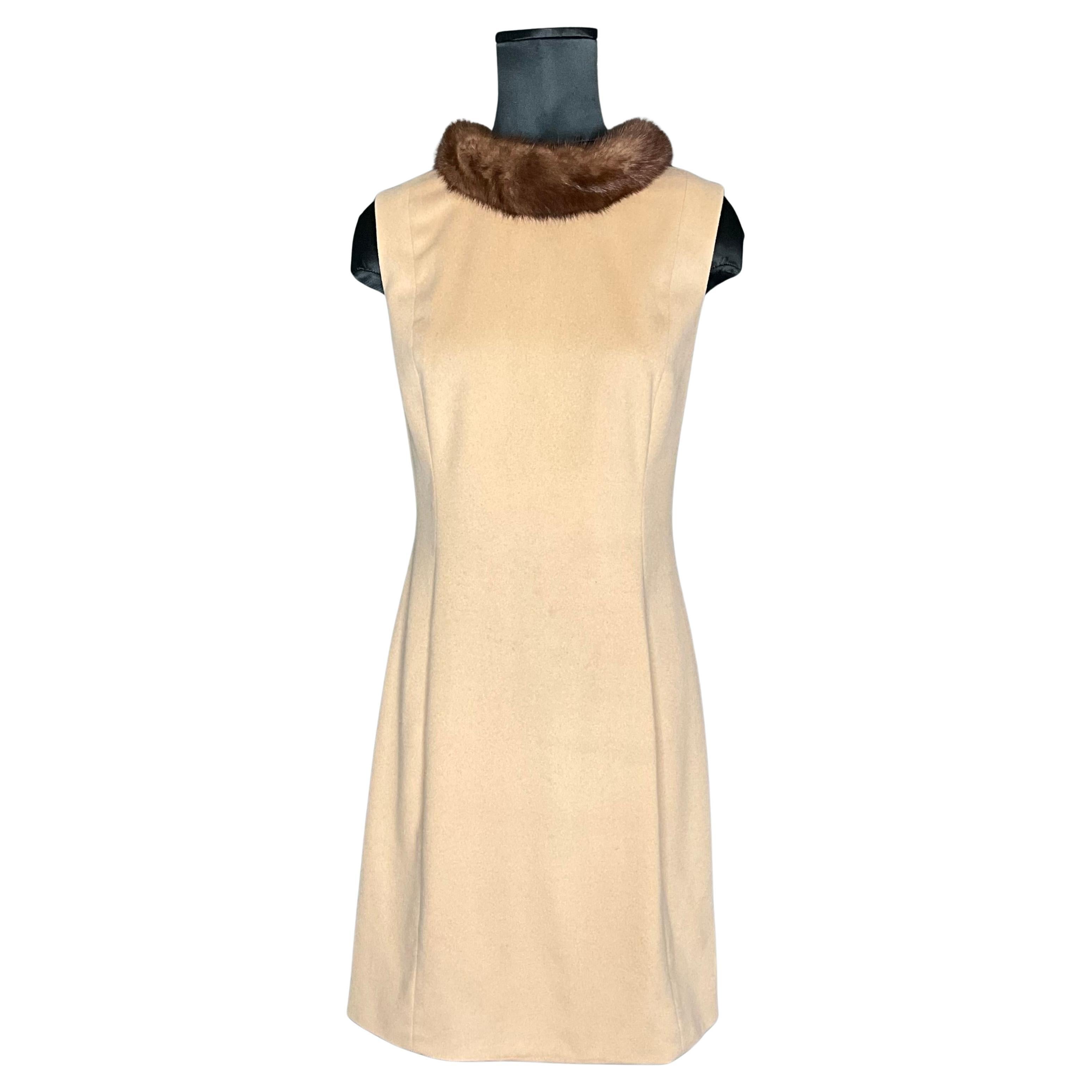 Vintage Wool Cashmere Sleeveless Shift Dress with Mink Trim Neckline For Sale