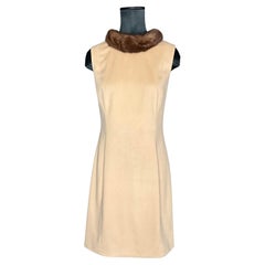 Vintage Wool Cashmere Sleeveless Shift Dress with Mink Trim Neckline