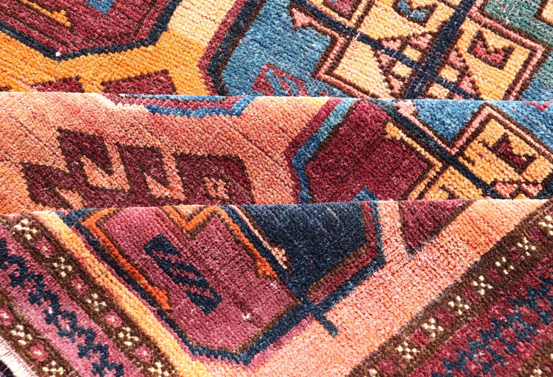 Vintage Wool Ersari Rug in Wool with Gul Design in Orange, Blue, and Brown For Sale 3