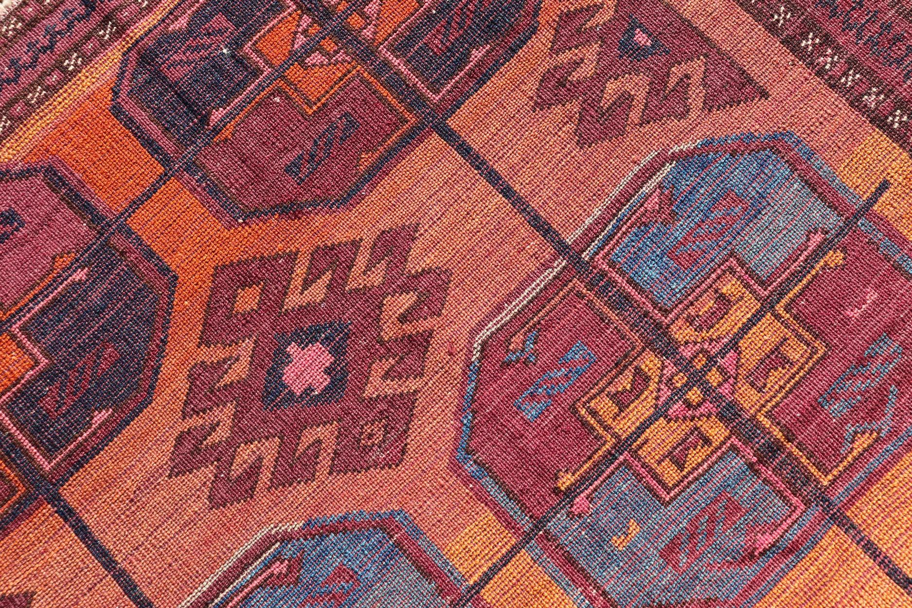 Vintage Wool Ersari Rug in Wool with Gul Design in Orange, Blue, and Brown For Sale 4
