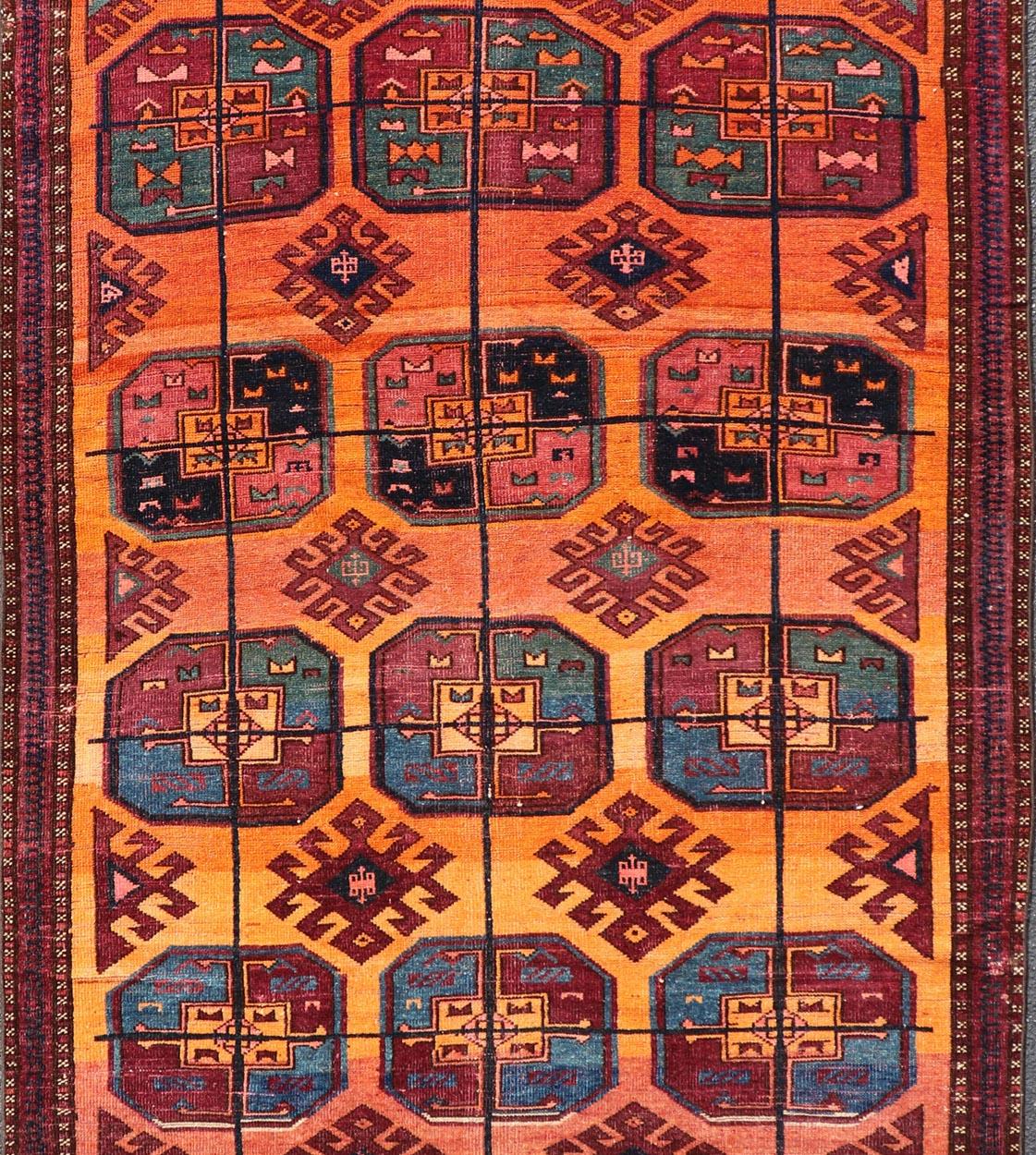 Vintage Wool Ersari Rug in Wool with Gul Design in Orange, Blue, and Brown For Sale 1