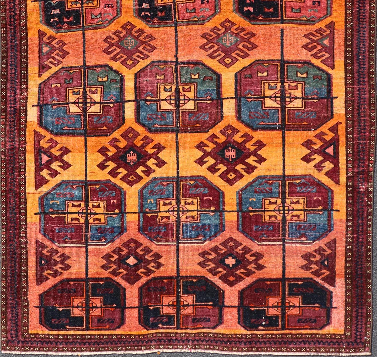 Vintage Wool Ersari Rug in Wool with Gul Design in Orange, Blue, and Brown For Sale 2