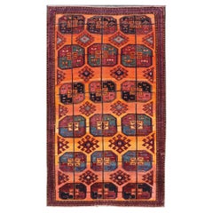 Vintage Wool Ersari Rug in Wool with Gul Design in Orange, Blue, and Brown