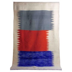 Vintage wool folk art berber rug in with abstract shapes in tricolor