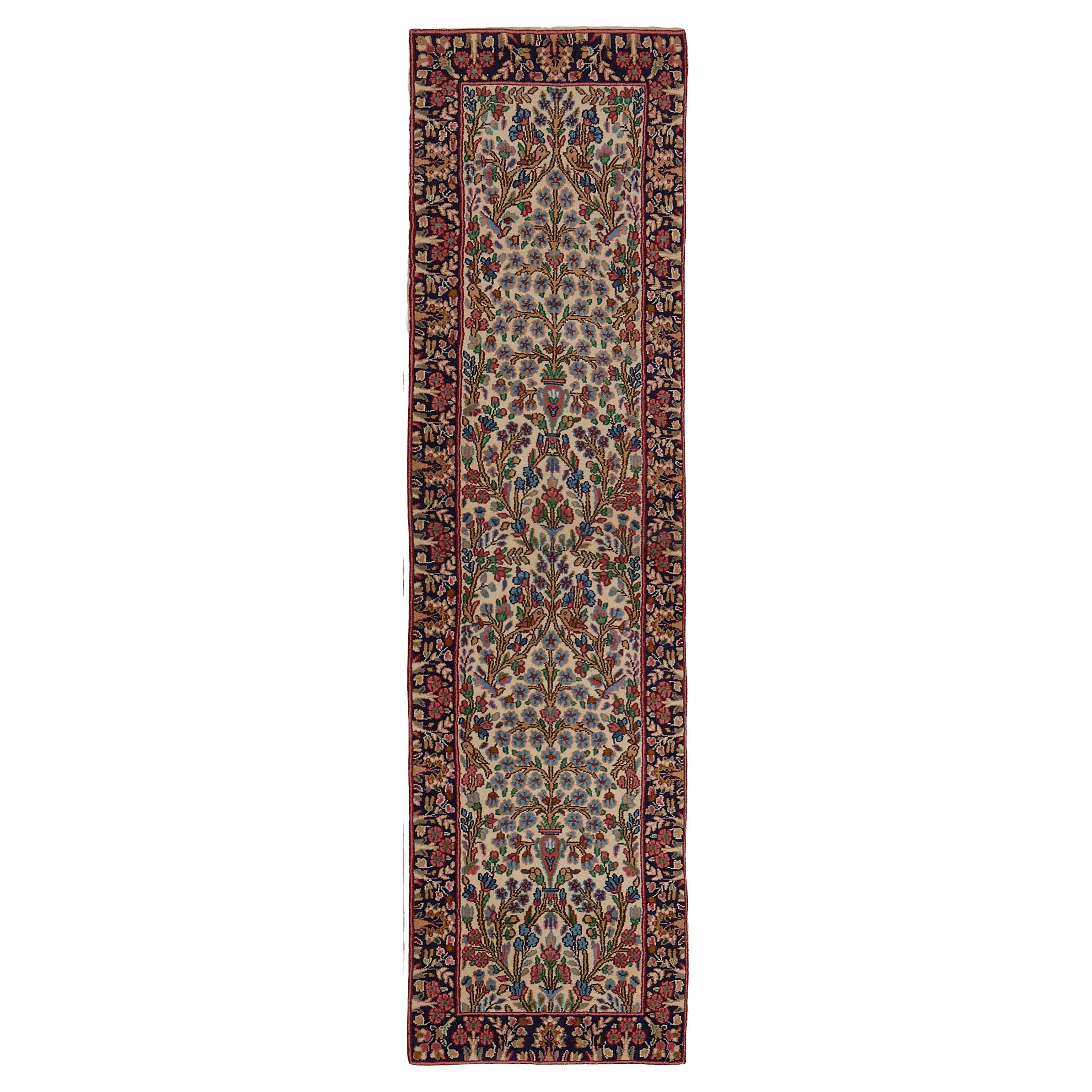 Vintage Wool Ivory and Red Floral Persian Kerman Runner