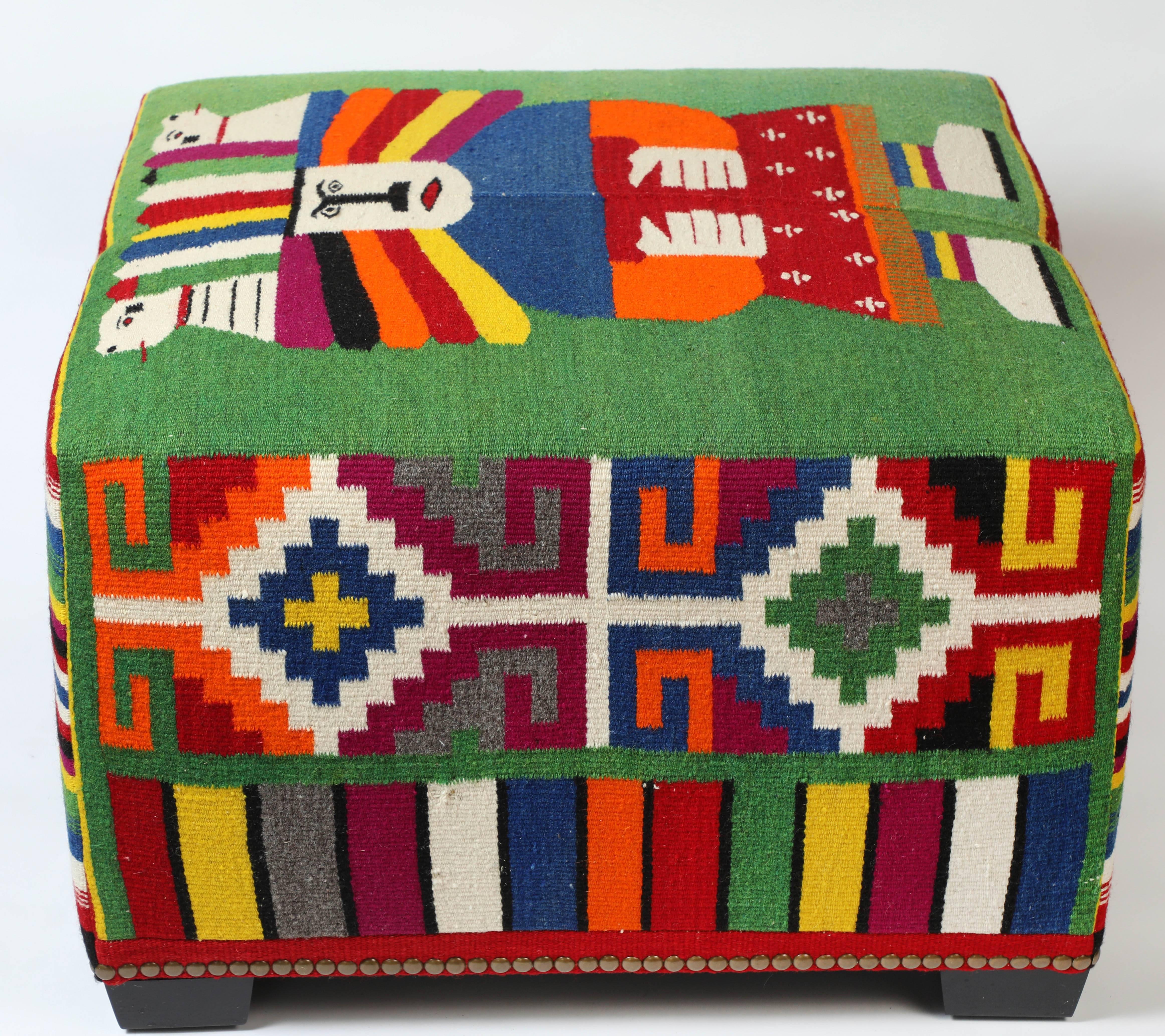 20th Century Vintage Wool Mexican Blanket Custom Ottoman