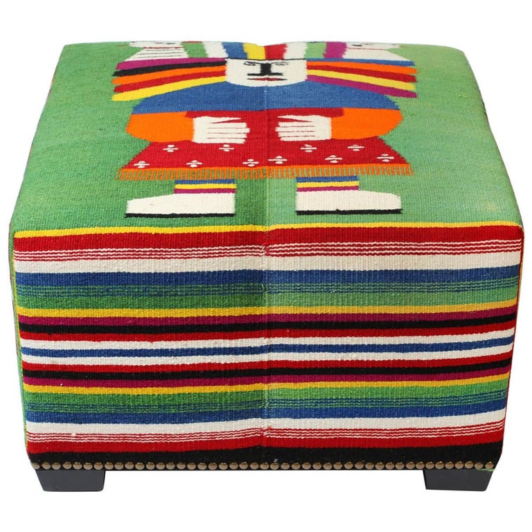 Vintage Wool Mexican Blanket Custom Ottoman at 1stDibs