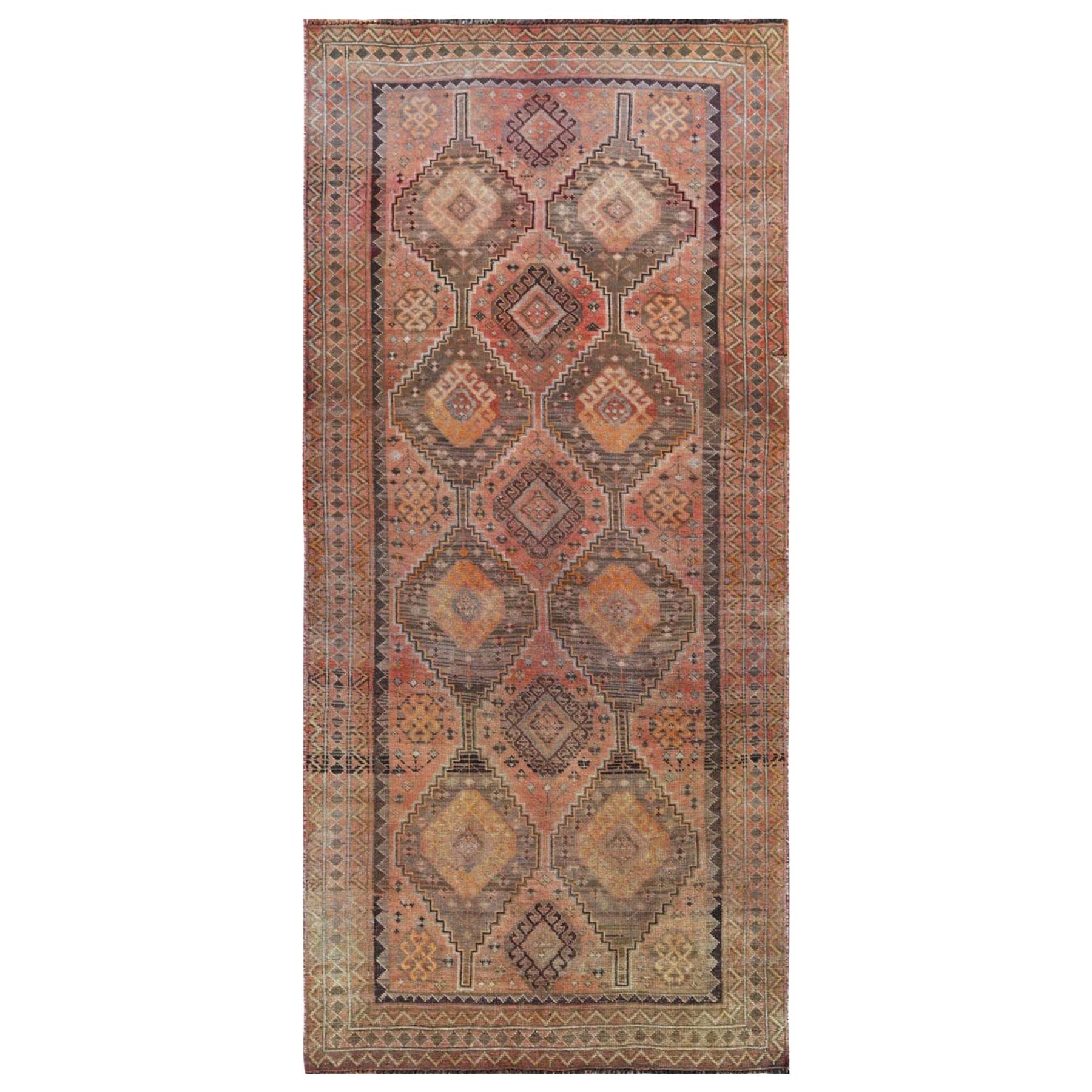 Vintage Wool Persian Qashqai Bohemian Worn Down Handmade Gallery Size Runner Rug