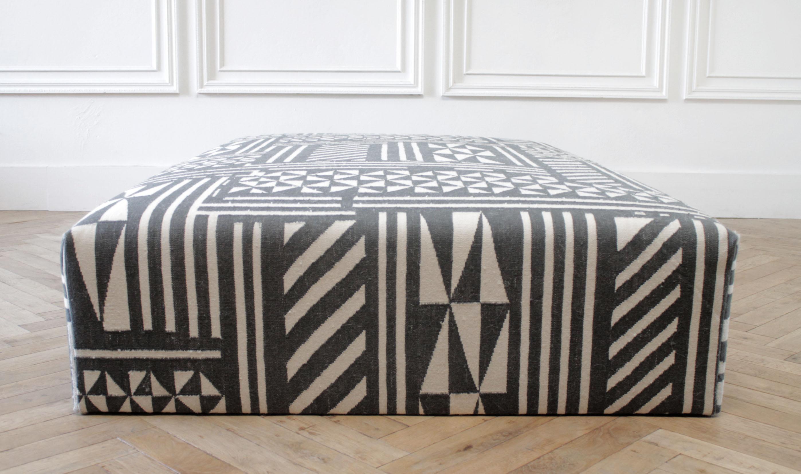 Contemporary Vintage Wool Rug Cube Style Cocktail Ottoman in Black and Off-White