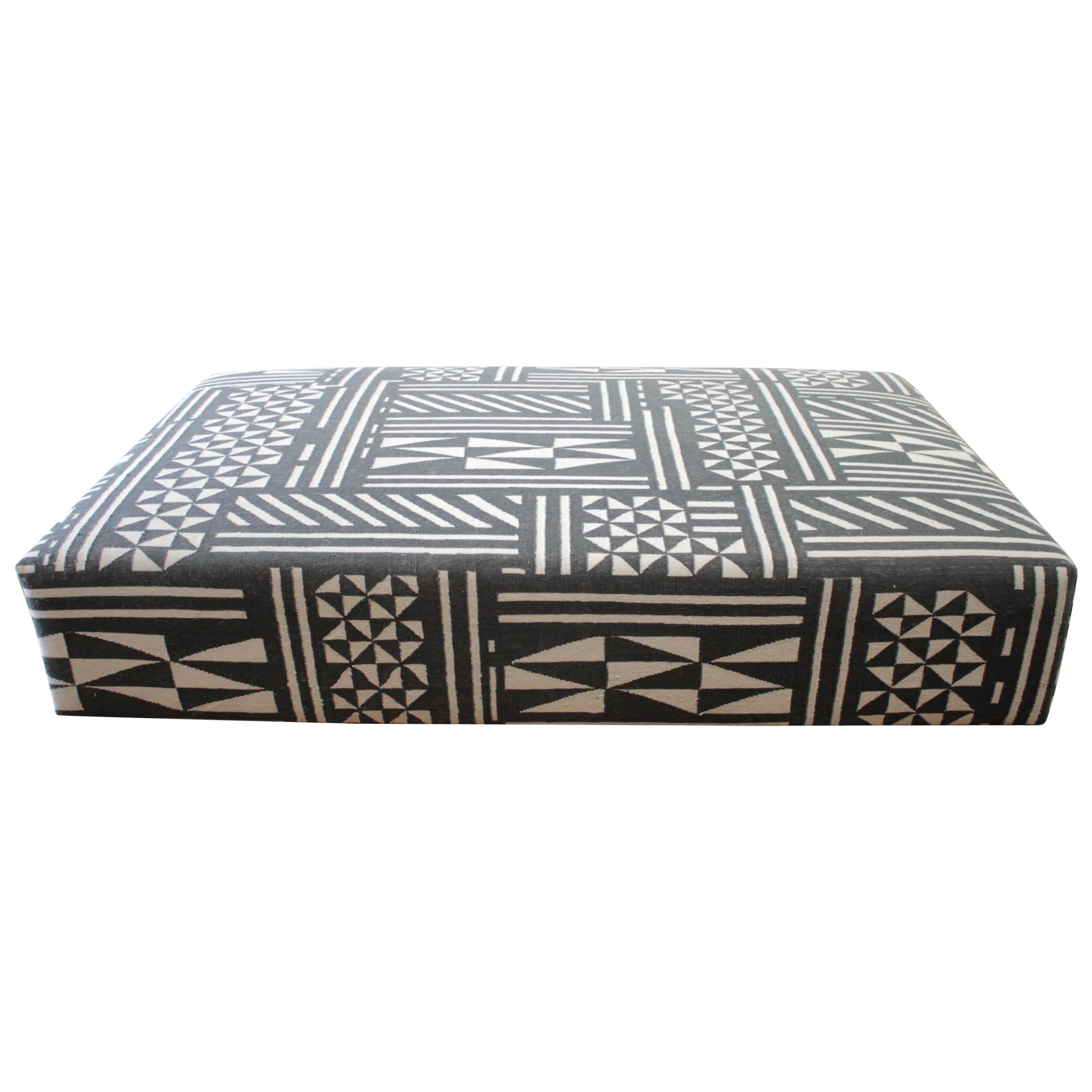 Vintage Wool Rug Cube Style Cocktail Ottoman in Black and Off-White