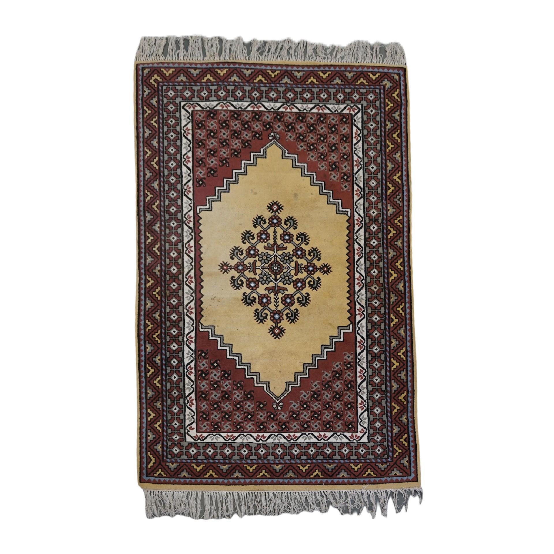 Offered this beautiful vintage wool rug mainly purple and yellow shades 255x150cm.

Let your home shine with this beautiful rug. It has beautiful colors and beautiful details. These types of rugs are not only a popular item for a living room, but