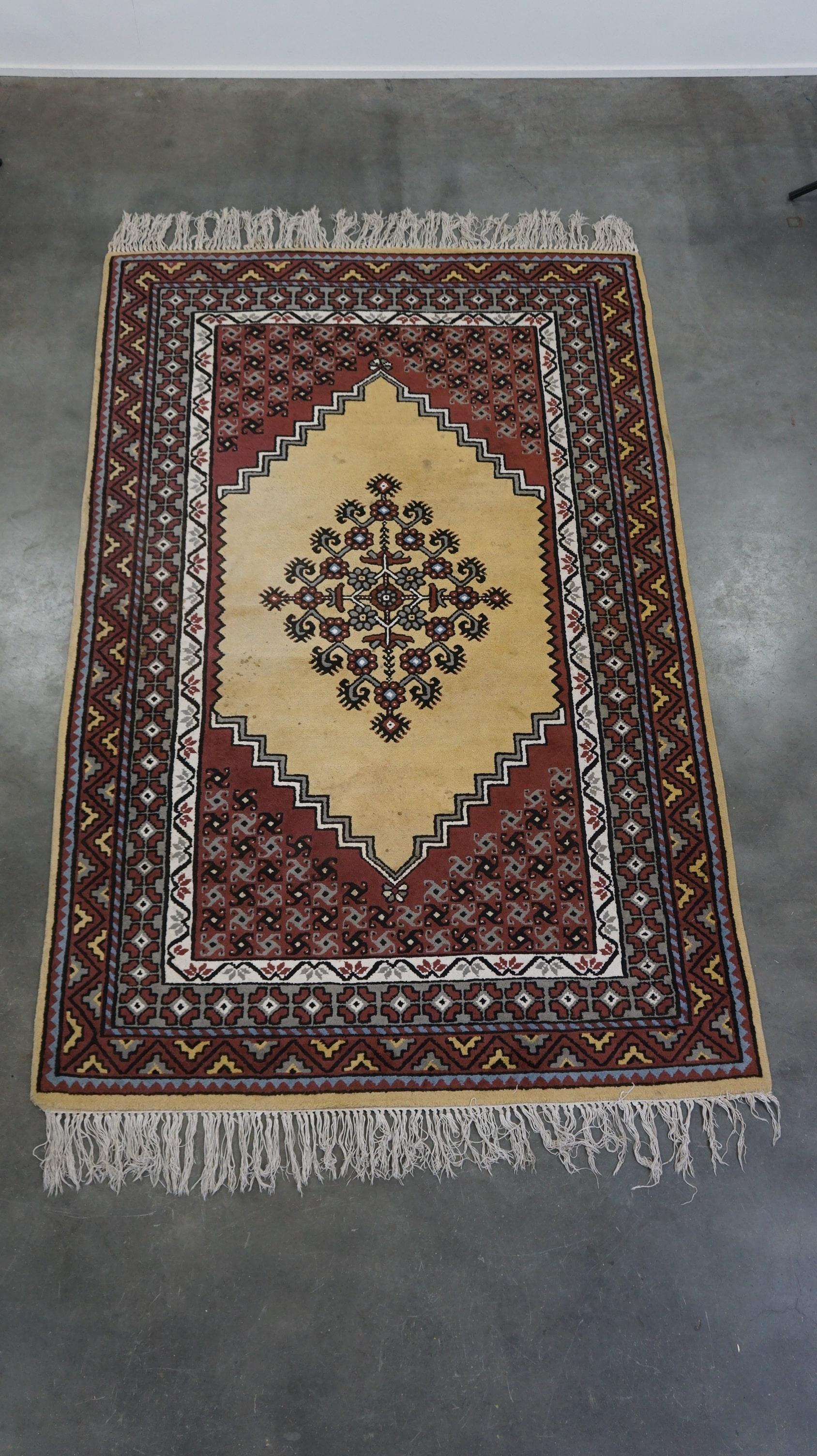 Hand-Woven Vintage wool rug mainly purple and yellow tones 255x150cm For Sale