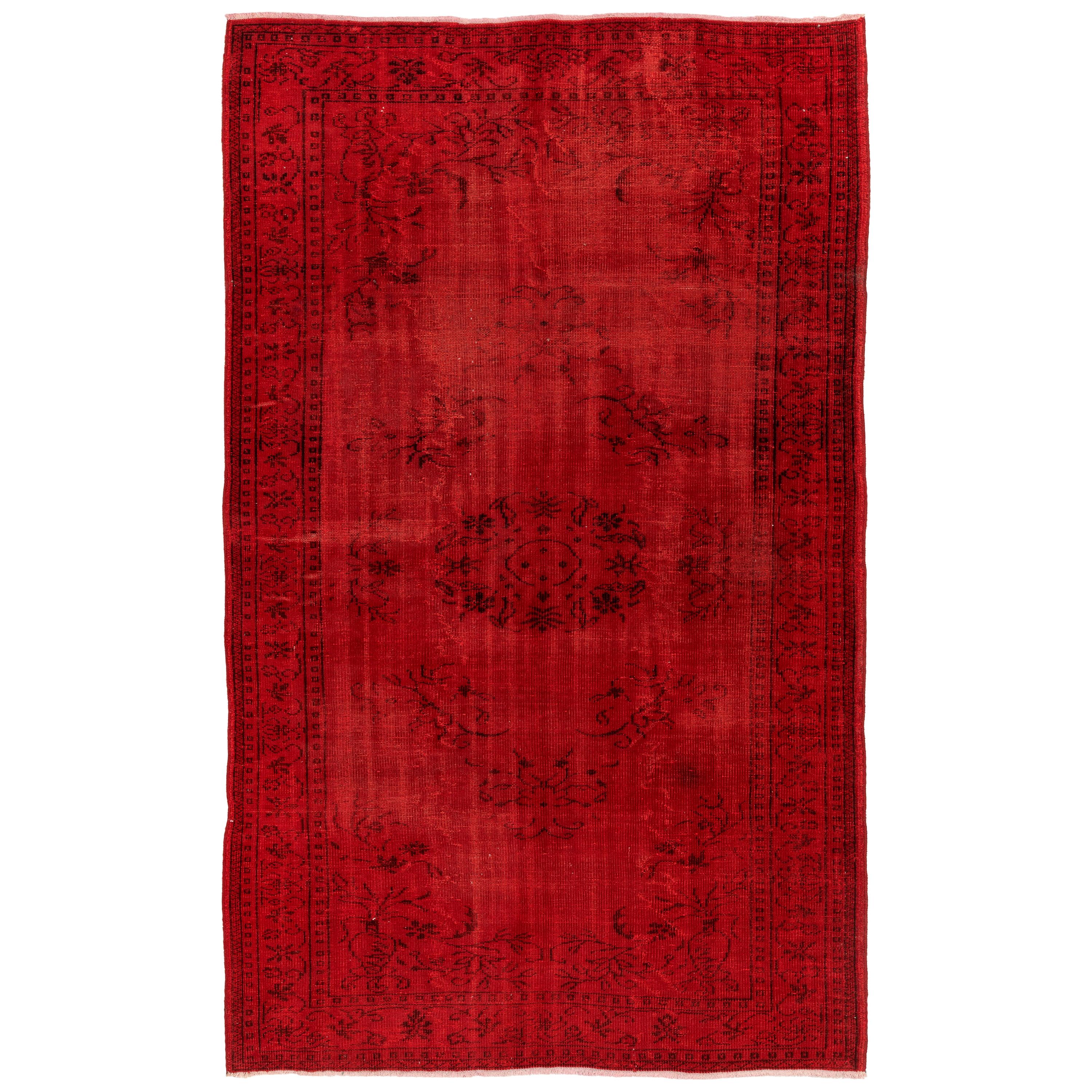 5.8 x 8.8 Ft Vintage Rug Overdyed in Red. Great for Modern Home & Office Decor