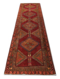 Vintage Wool Runner Rug Handwoven Caucasian Red Carpet