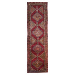 Retro Wool Runner Rug Handwoven Caucasian Red Carpet