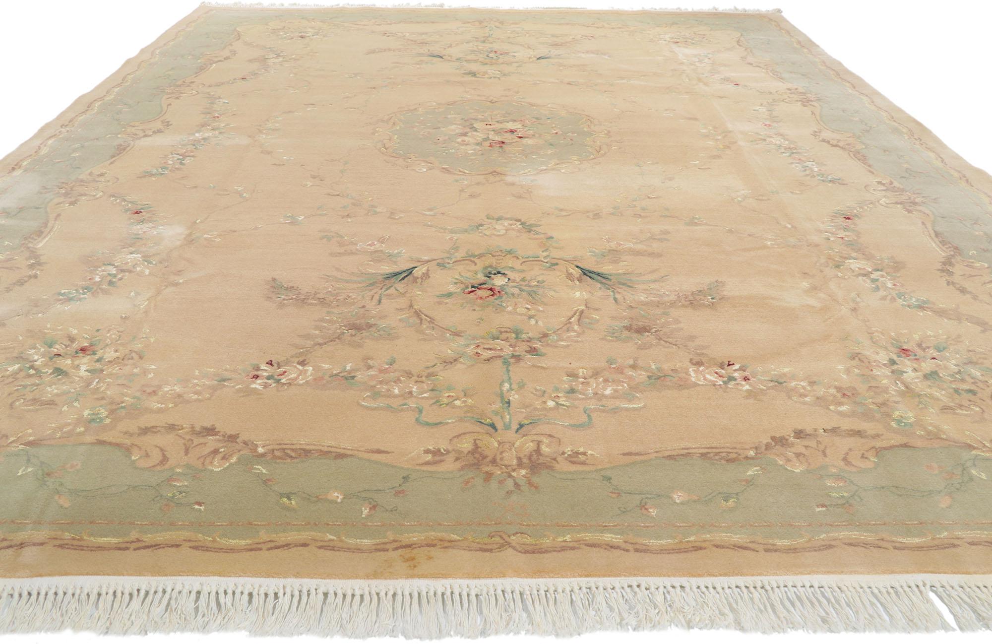 Hand-Knotted Vintage Wool & Silk Chinese Tabriz Rug with European Cottage Style For Sale