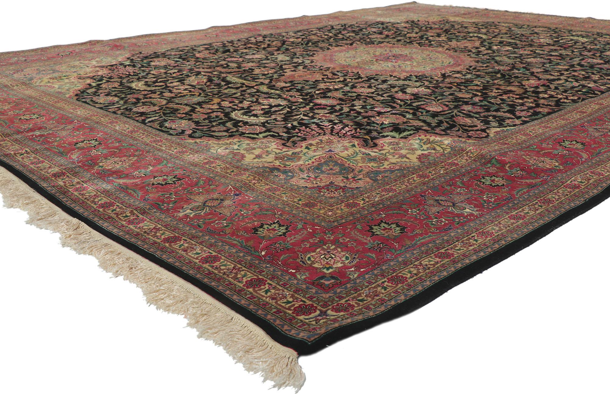 78169 Vintage Persian Tabriz Style rug, 08'11 x 12'00. With ornate details and well-balanced symmetry, this hand-knotted wool and silk Persian Tabriz style rug is poised to impress. Taking center stage is a a round medallion anchored with palmette