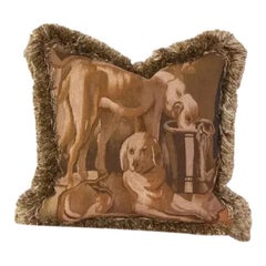 Vintage Wool Tapestry Pillow with Dogs at Rest and Decorative Fringe Trim