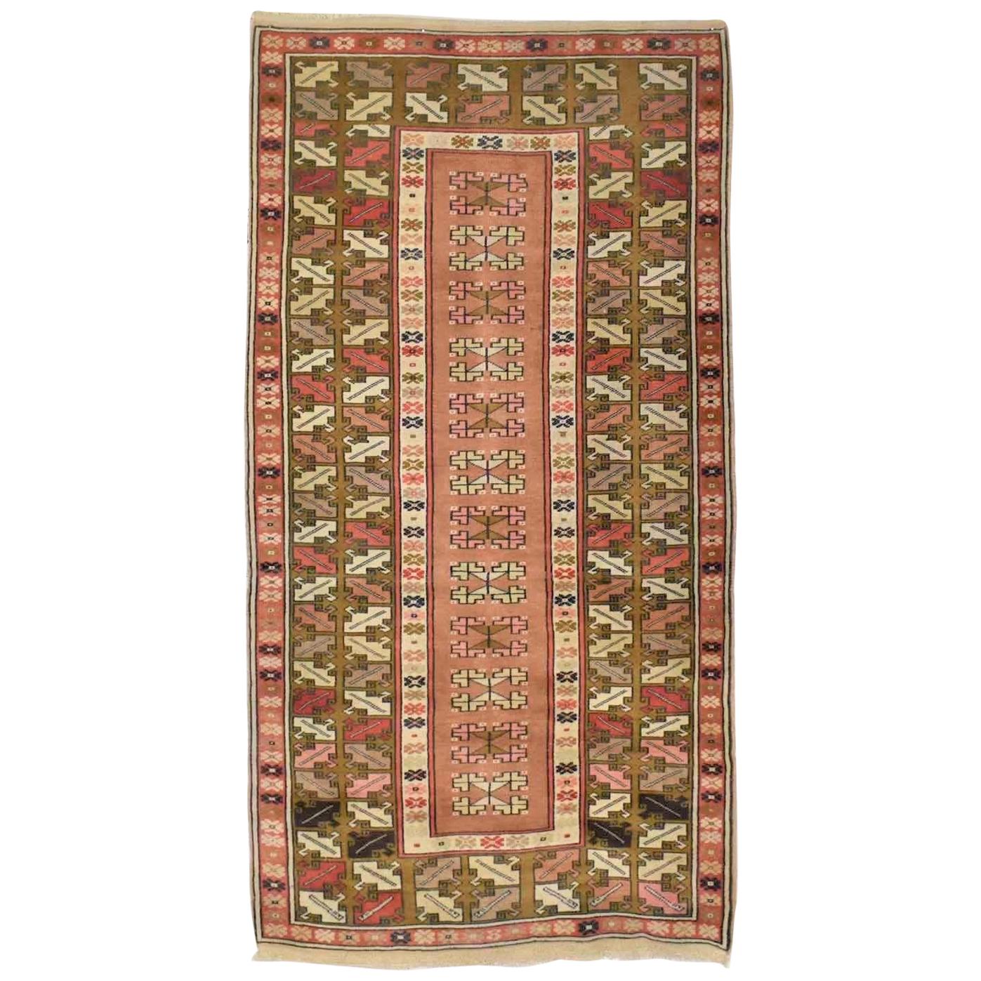 Vintage Wool Turkish Milas Style Woven Made Rug For Sale