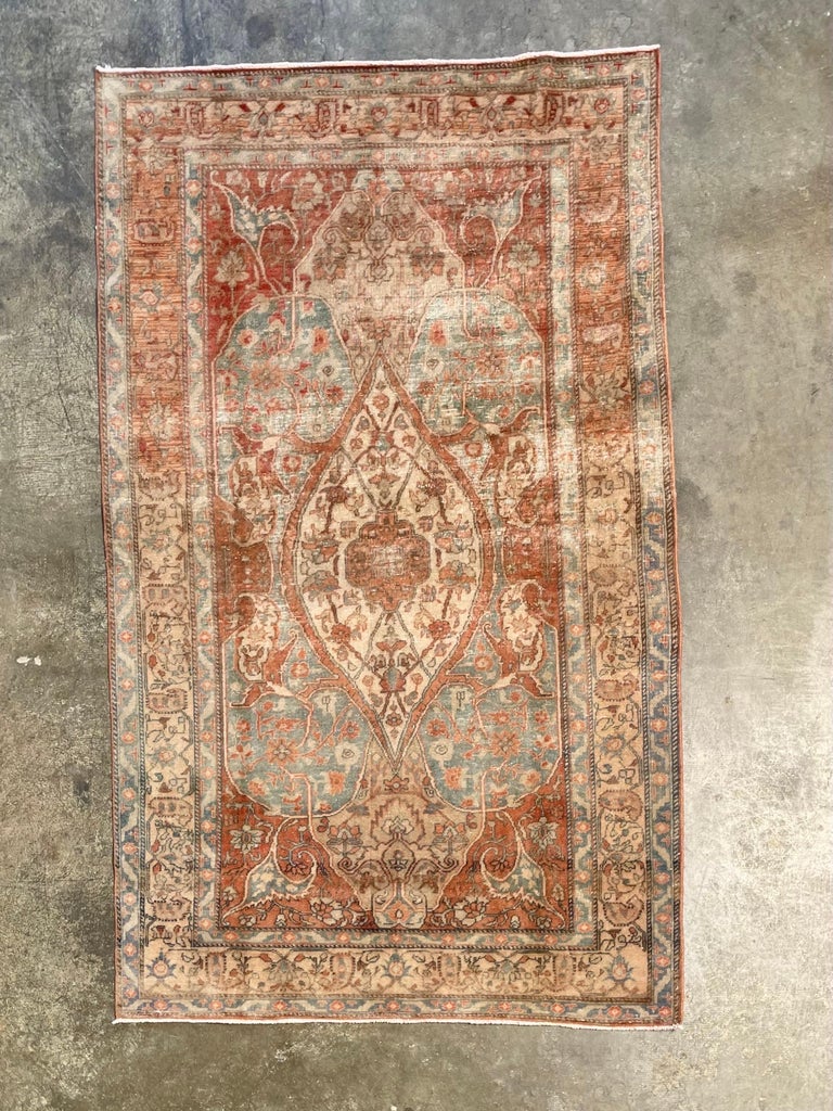 Vintage Wool Turkish Rug in Blue and Rust Tones For Sale at 1stDibs