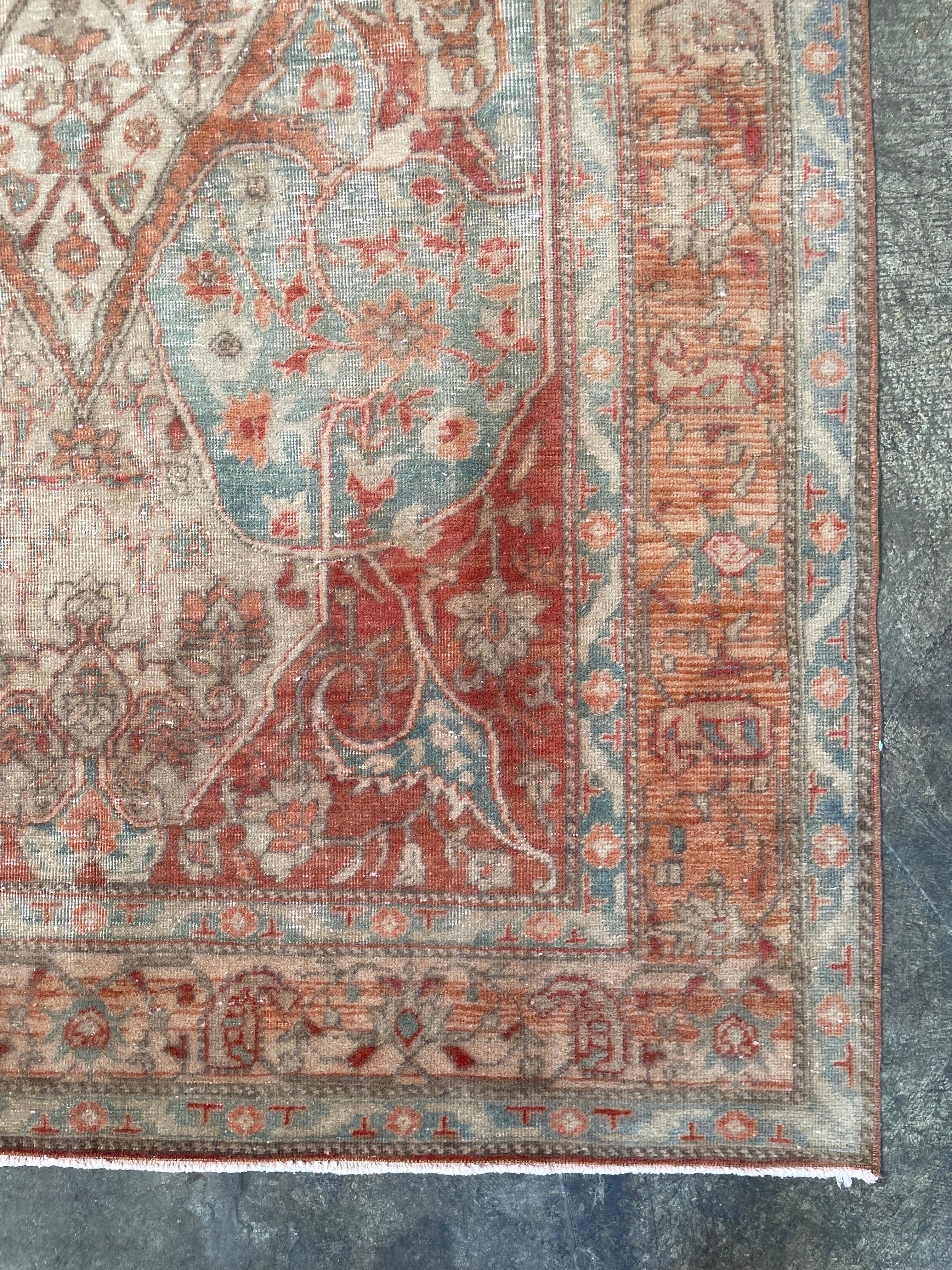 Vintage Wool Turkish Rug in Blue and Rust Tones In Good Condition For Sale In Brea, CA