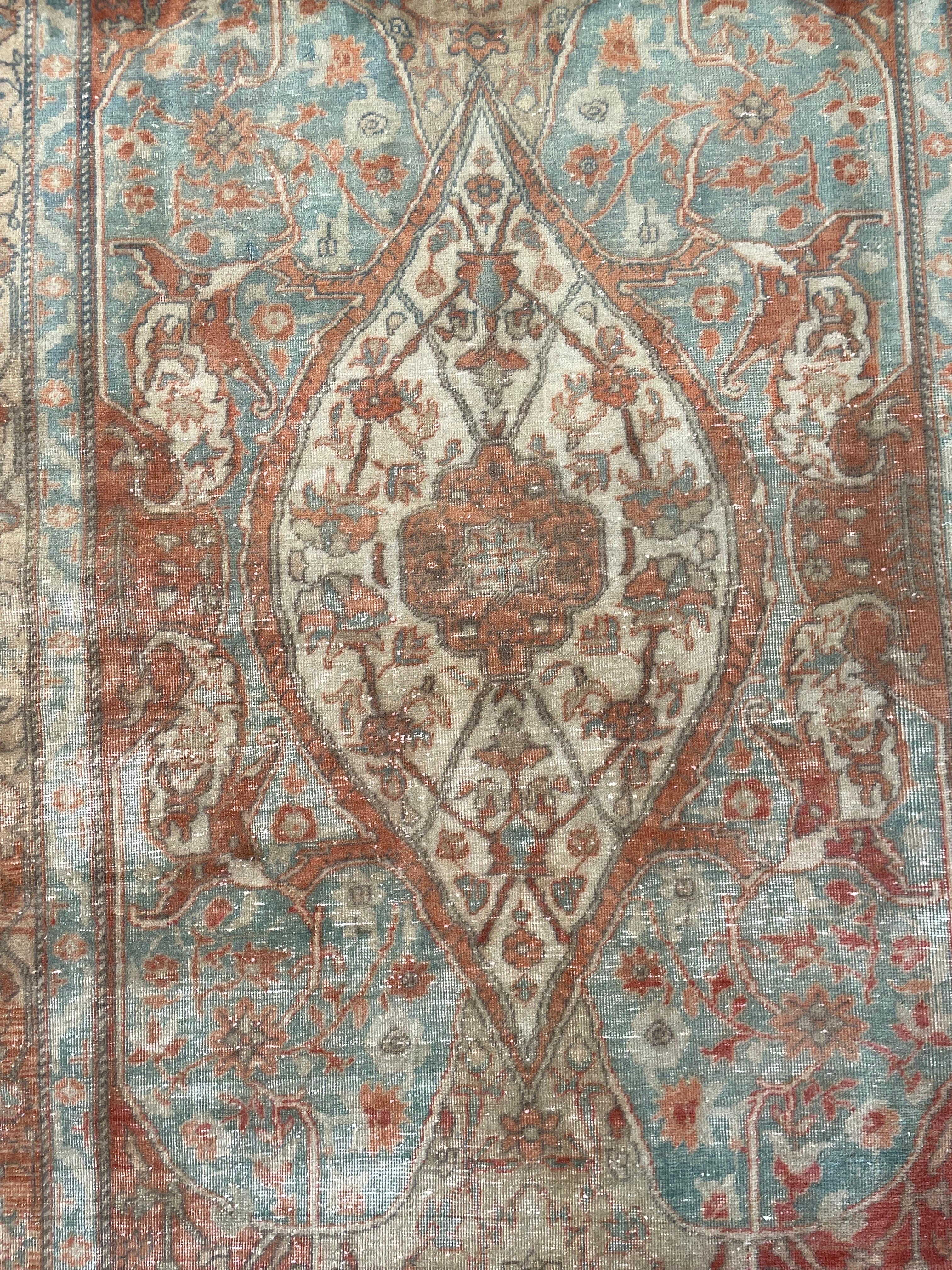 Vintage Wool Turkish Rug in Blue and Rust Tones For Sale 1