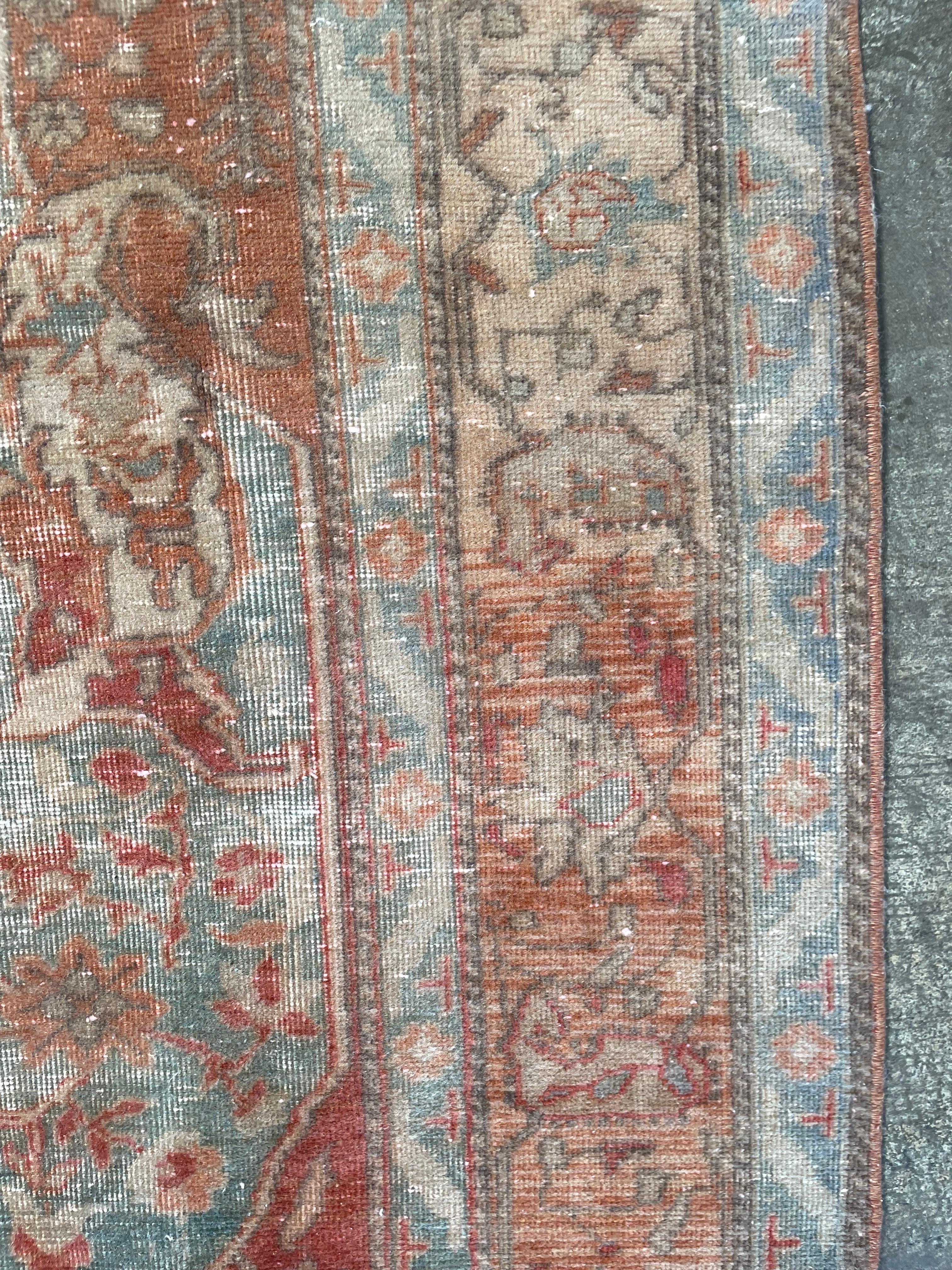 Vintage Wool Turkish Rug in Blue and Rust Tones For Sale 3