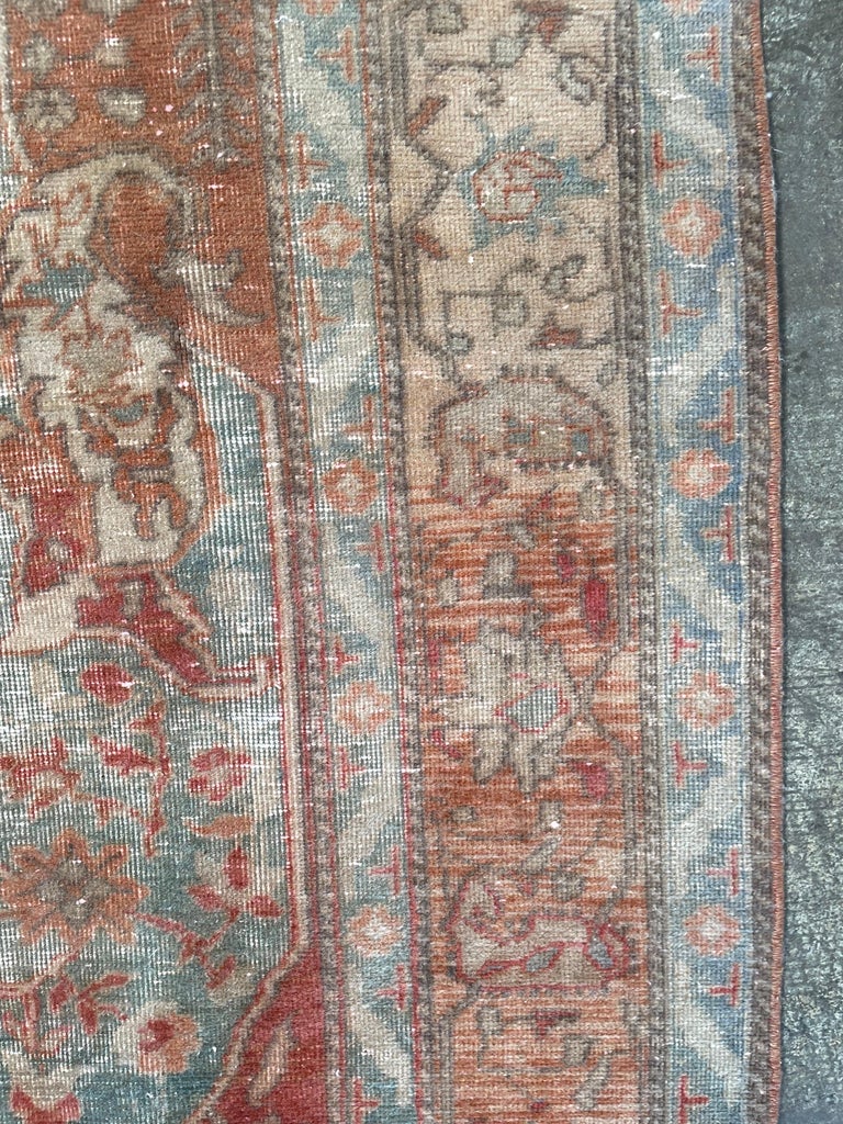 Vintage Wool Turkish Rug in Blue and Rust Tones For Sale at 1stDibs