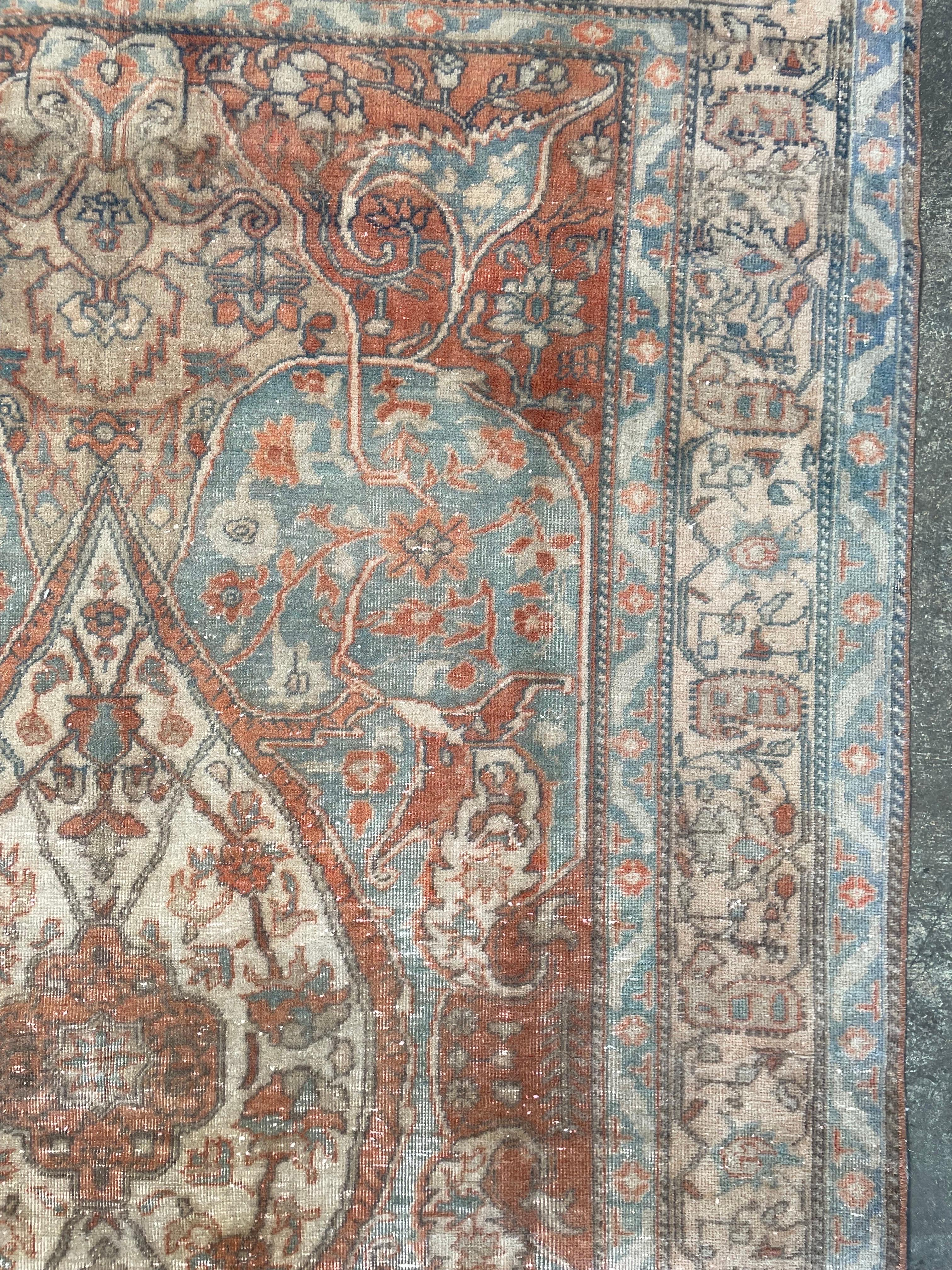 Vintage Wool Turkish Rug in Blue and Rust Tones For Sale 4