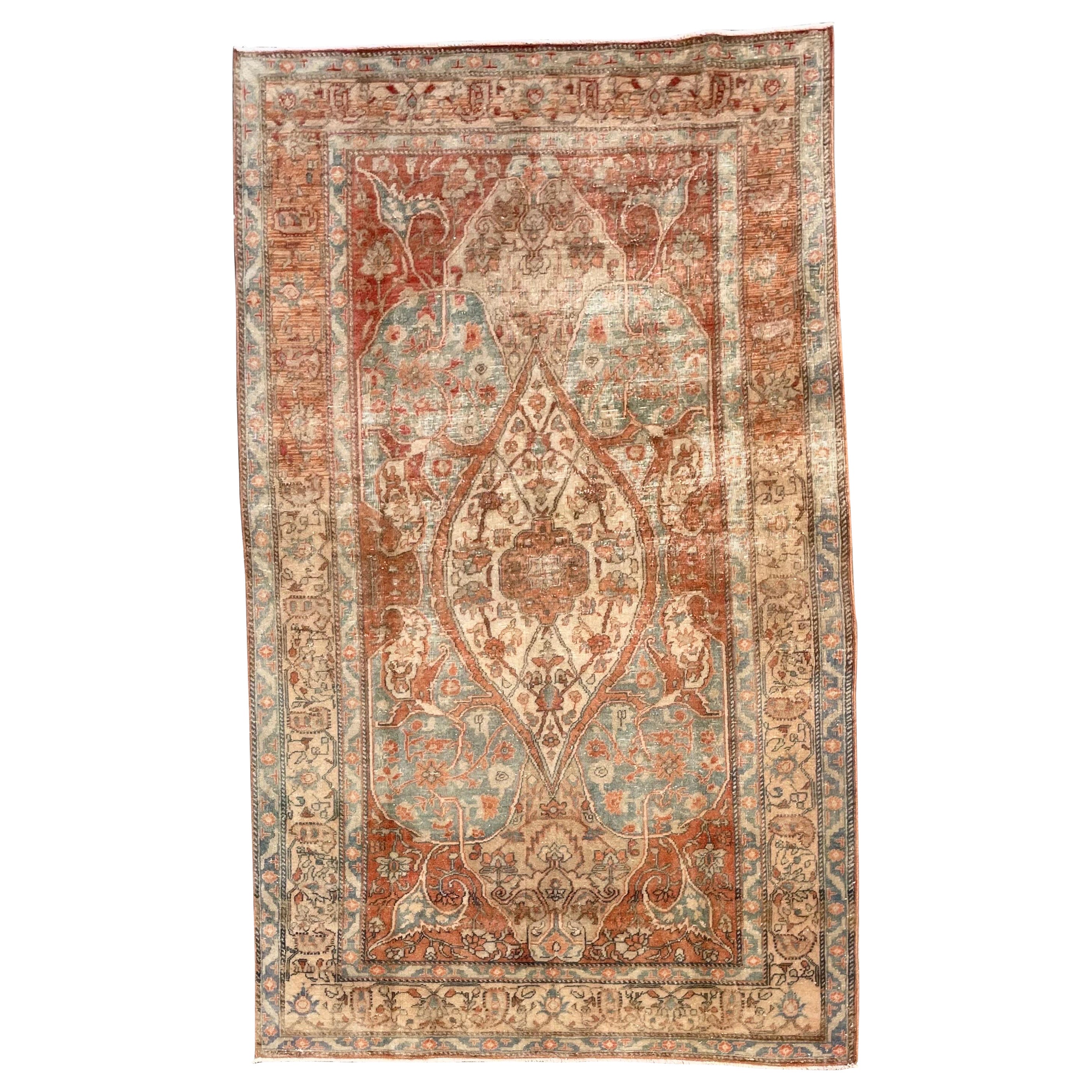 Tappeto turco in lana vintage nei toni del blu e del ruggine