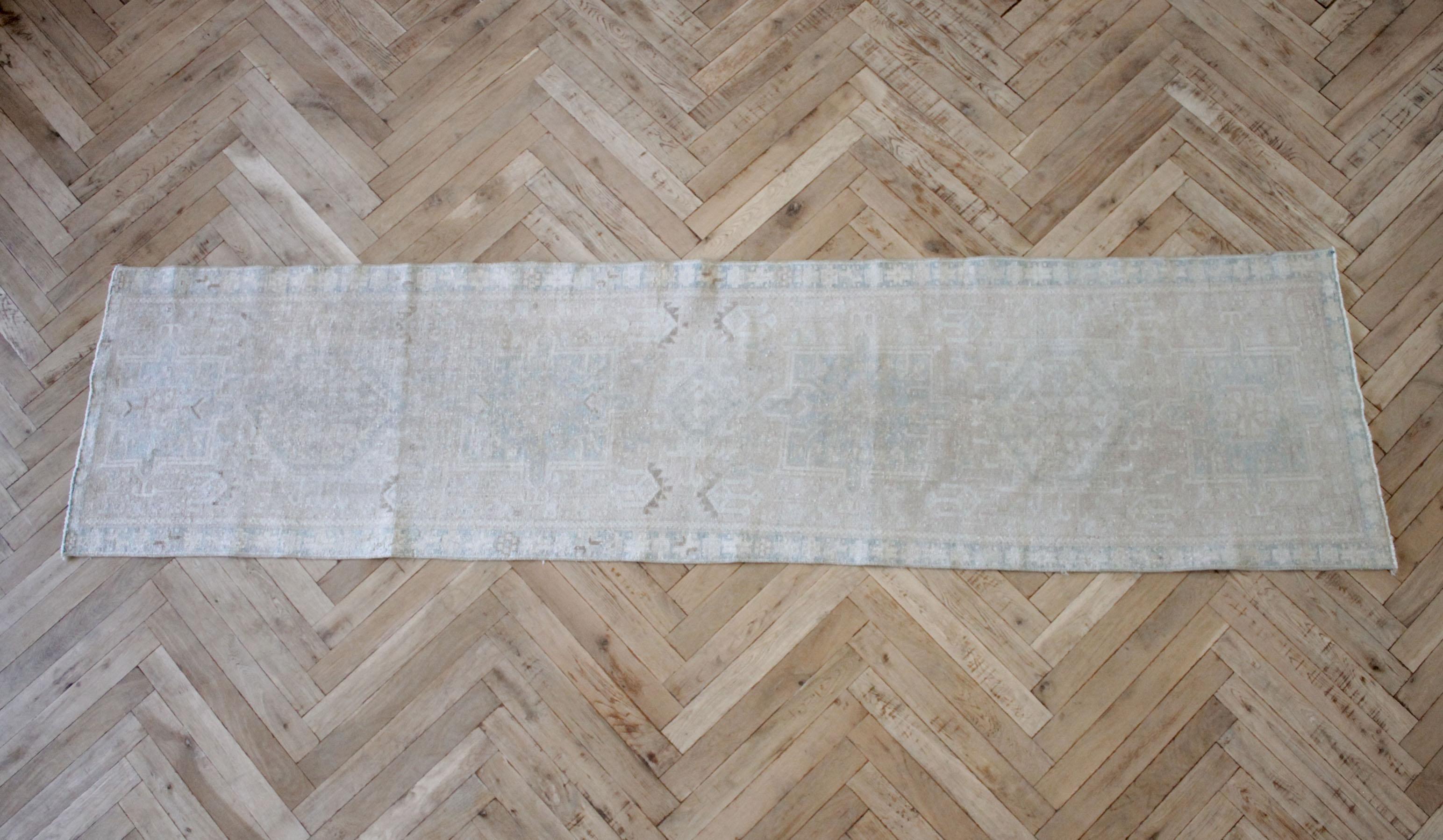 Vintage Wool Turkish Runner Rug in Blues and Natural For Sale 2
