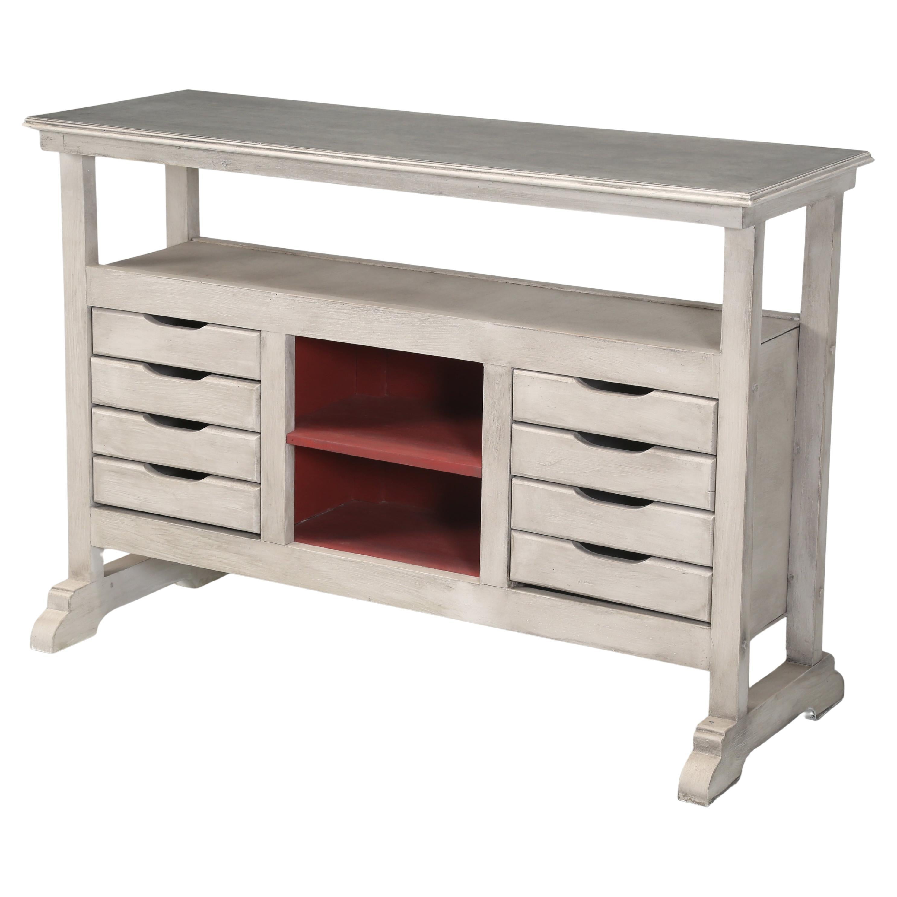 Banco de trabajo vintage reconvertido en isla de cocina con tapa de zinc y (8) cajones en venta