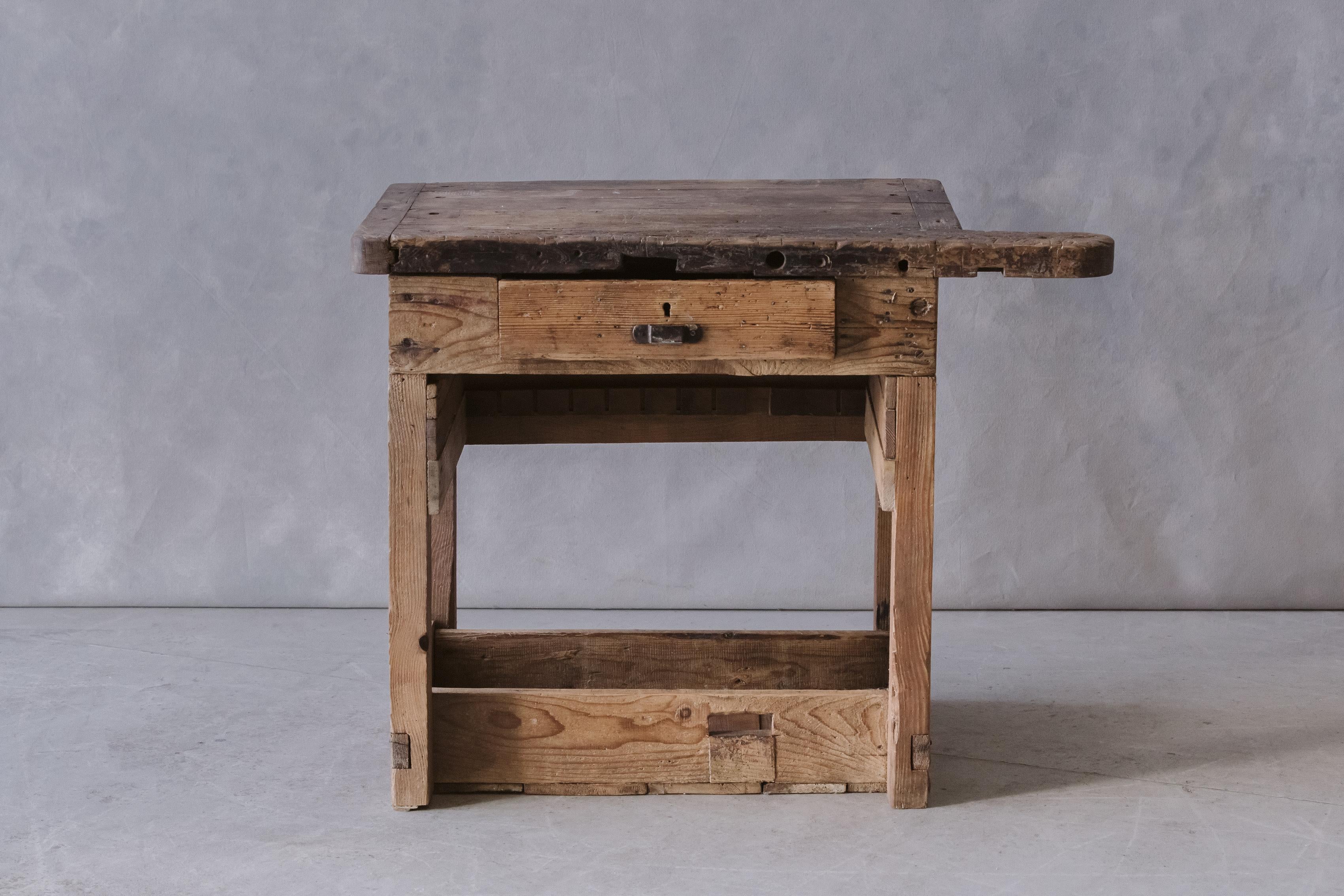 Vintage Work Console Table From France, circa 1950. Solid pine construction with fantastic use and wear.

We prefer to speak directly with our clients. So, If you have any questions or would like to know more please give us a call or drop us a